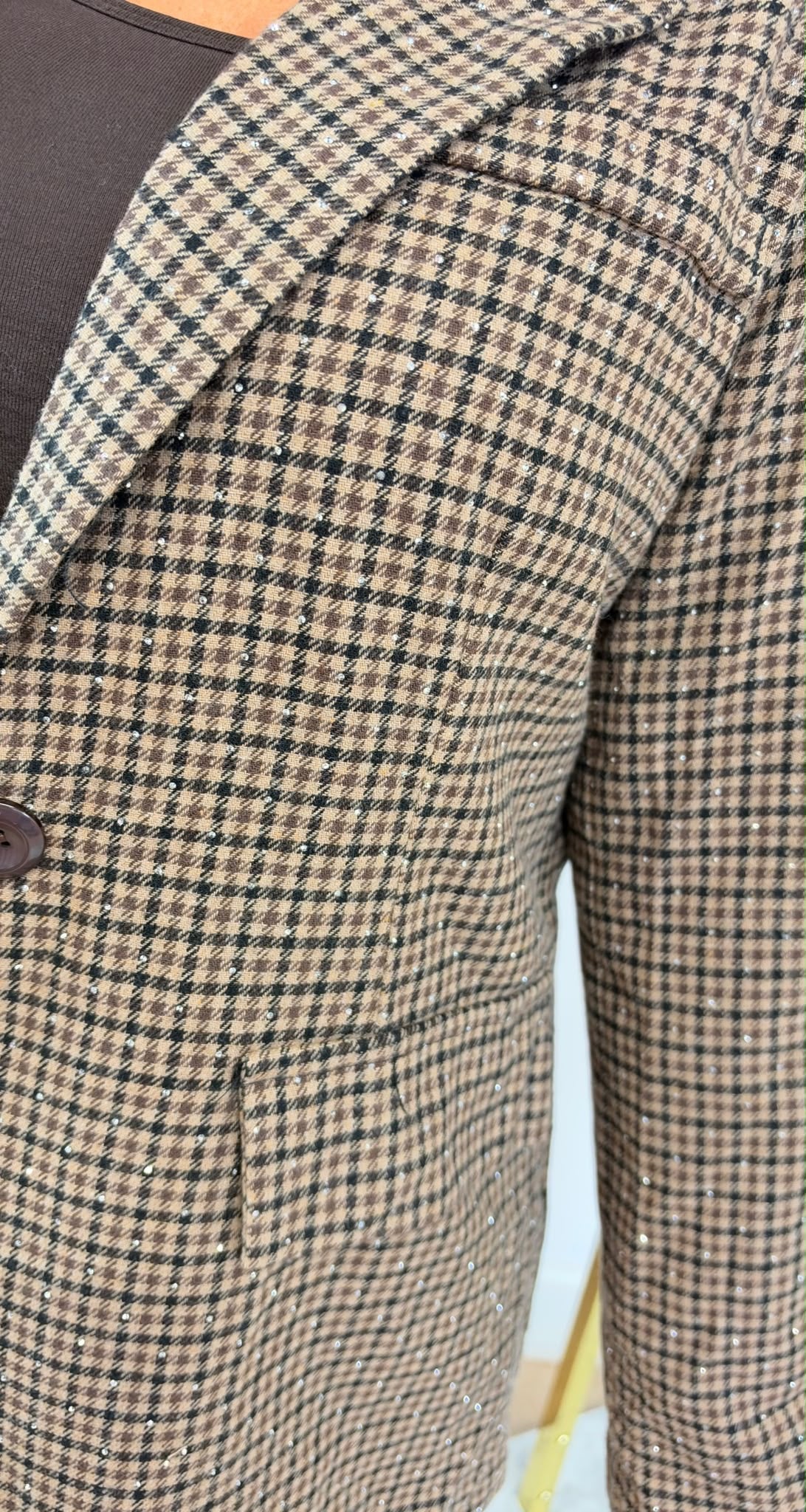 JESRA CHECK PRINTED GLITTER BLAZER BROWN