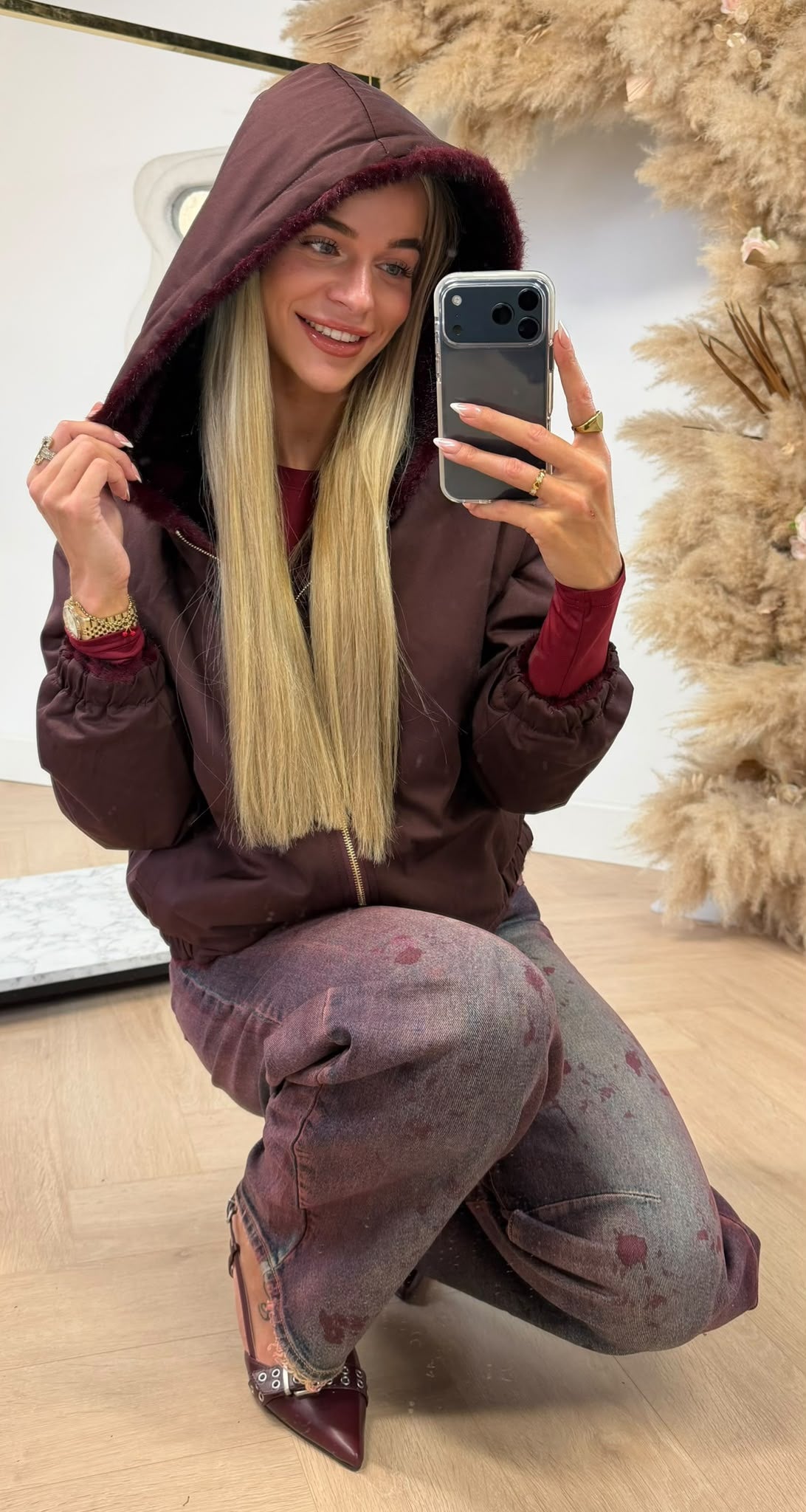 LUCY FAKE FUR REVERSIBLE CAPUCHON BOMBER BORDEAUX