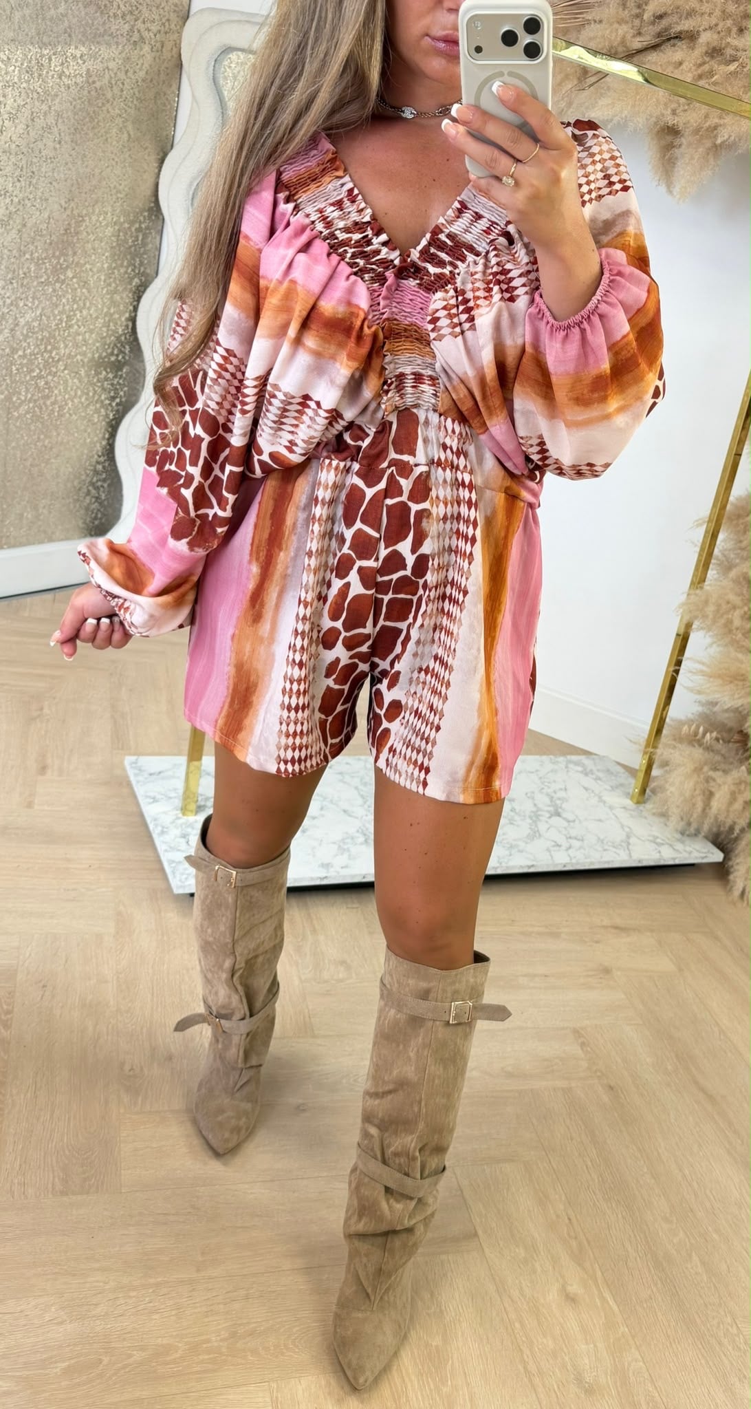 PRINTY BALLOON SLEEVE PLAYSUIT TERRACOTTA