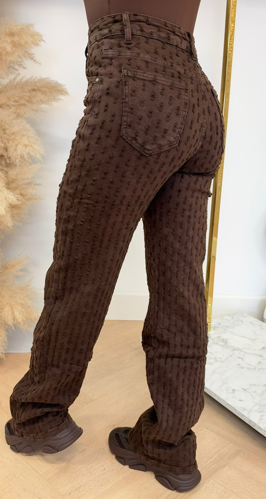 DESTROYED DENIM WIDE LEG JEANS 655-19 CHOCO