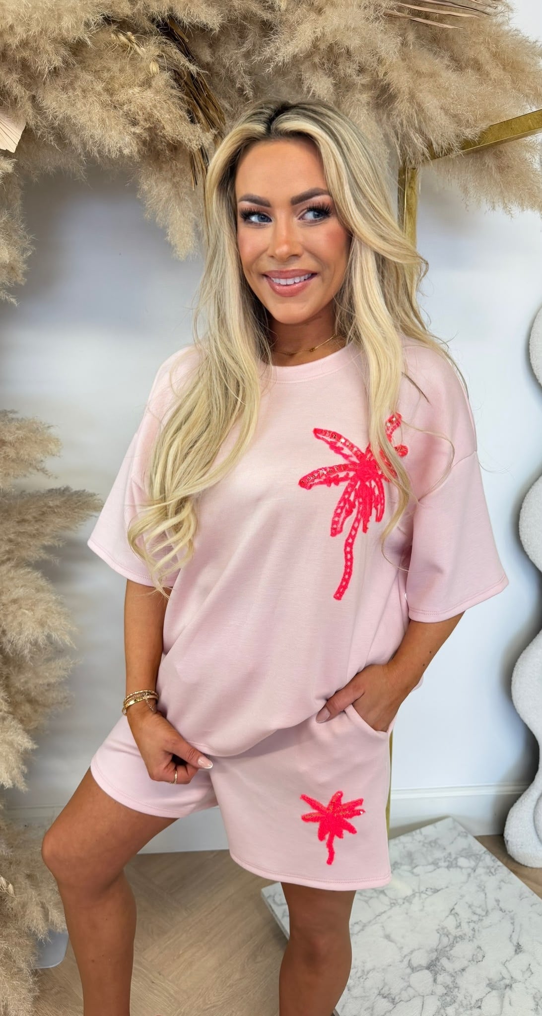 KNITTED PALMTREE SHORT SET LIGHTPINK