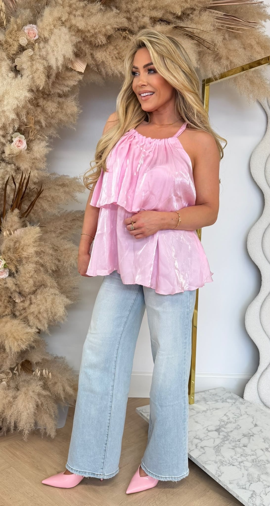 SHINY ROUCHE PLISSE TOP PINK