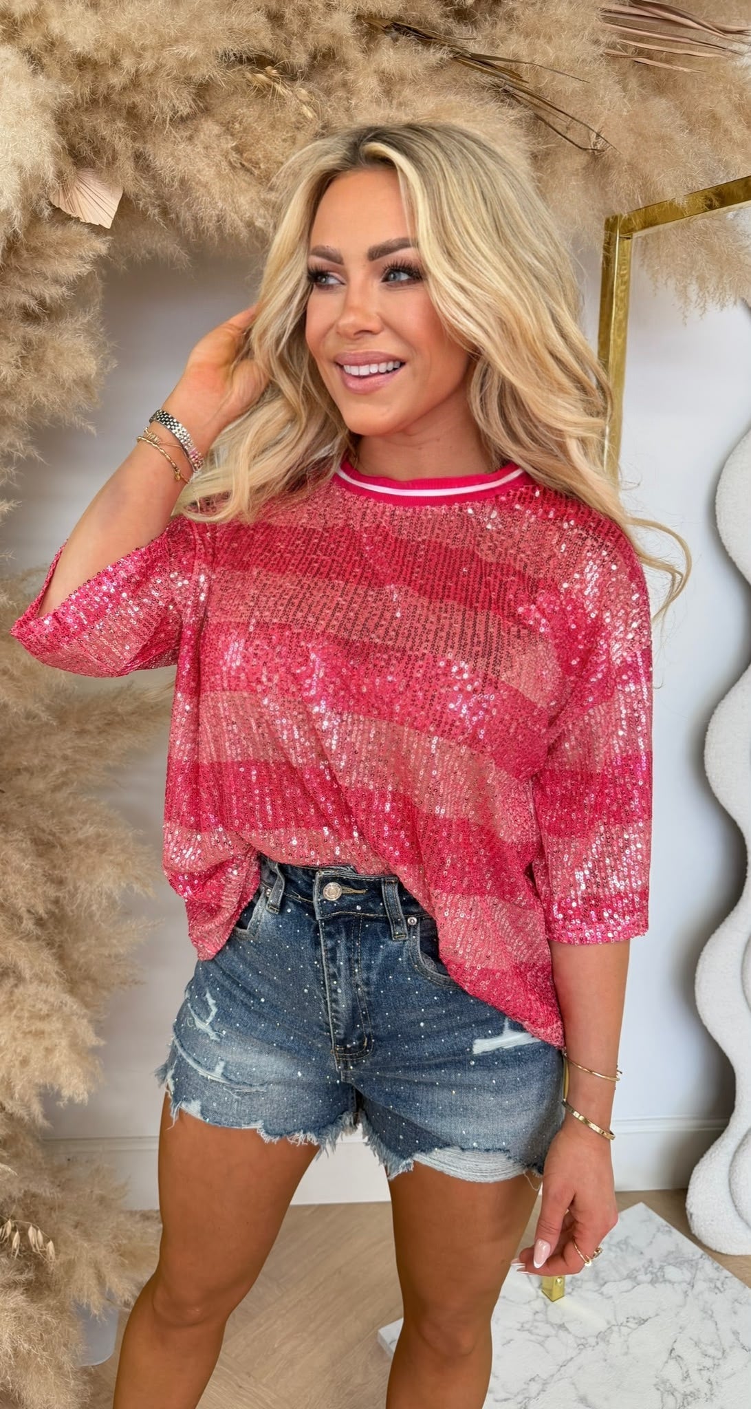 GLITTER STRIPE TEE RED/PINK