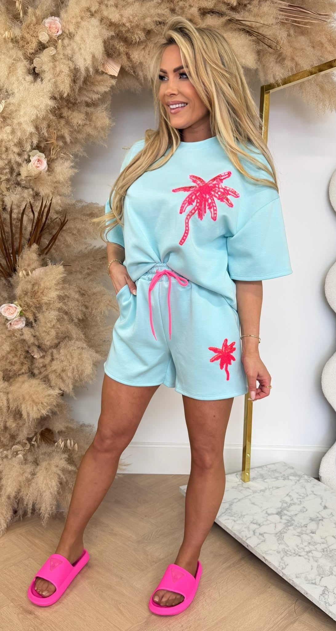 KNITTED PALMTREE SHORT SET AQUA