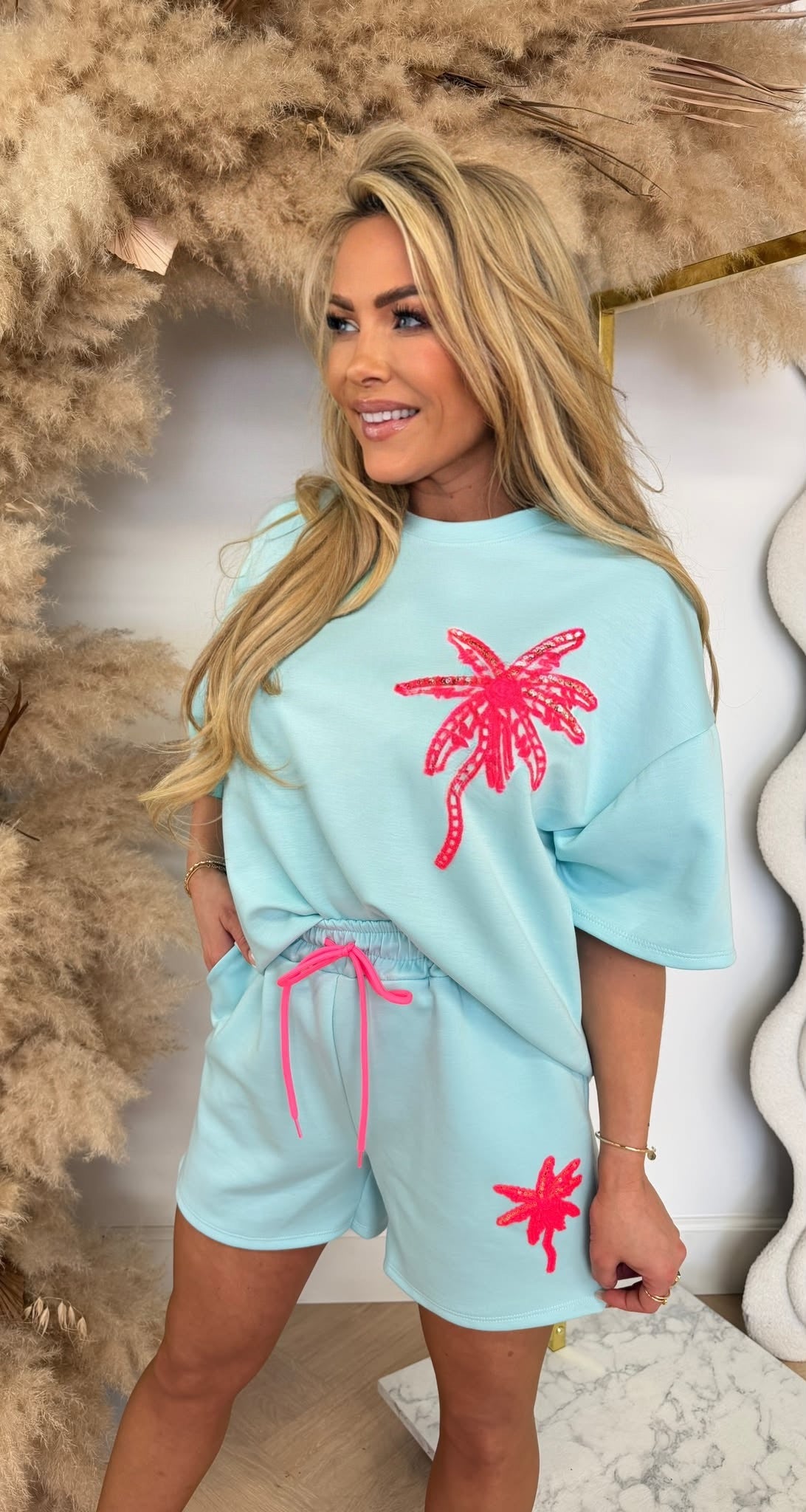 KNITTED PALMTREE SHORT SET AQUA