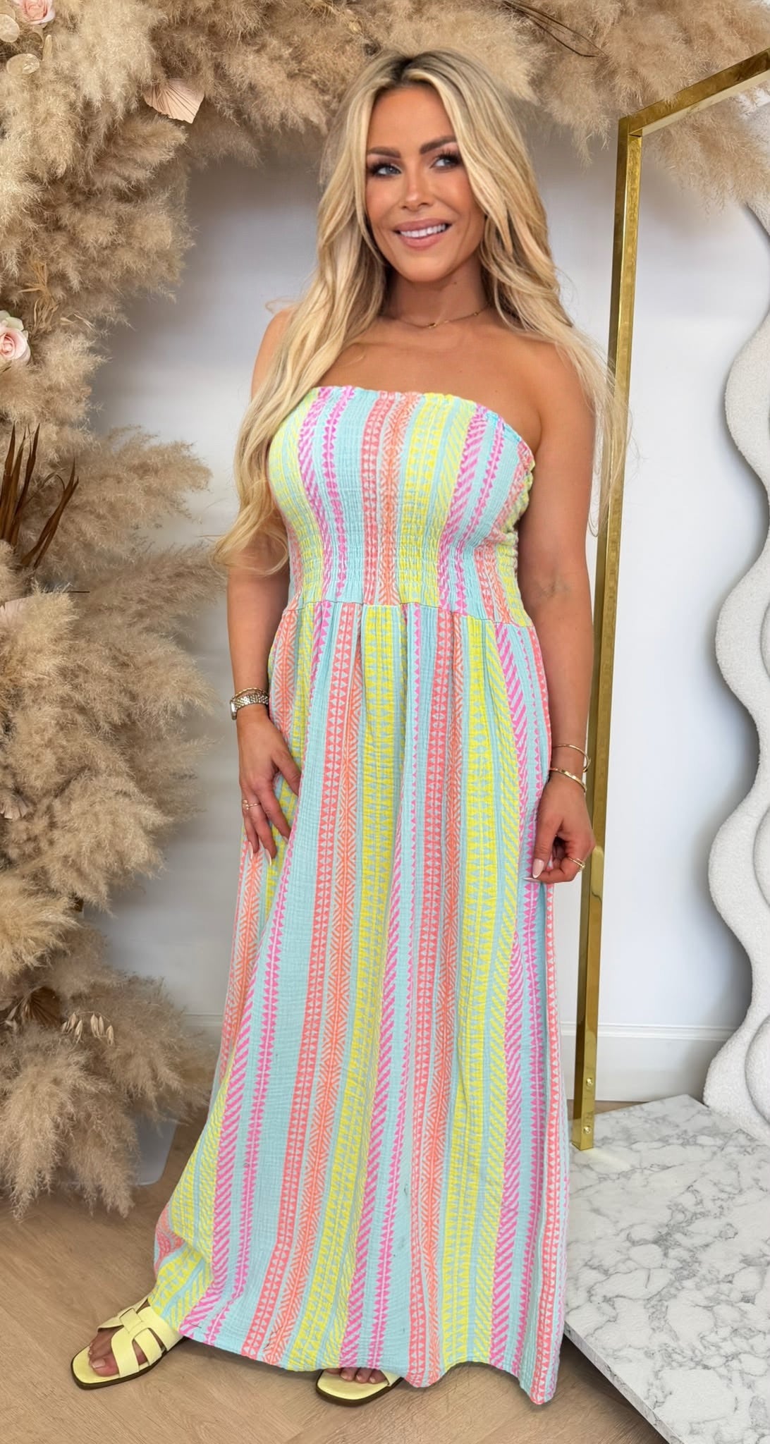 STRAPLESS SUNNY PRINT DRESS LIGHTBLUE