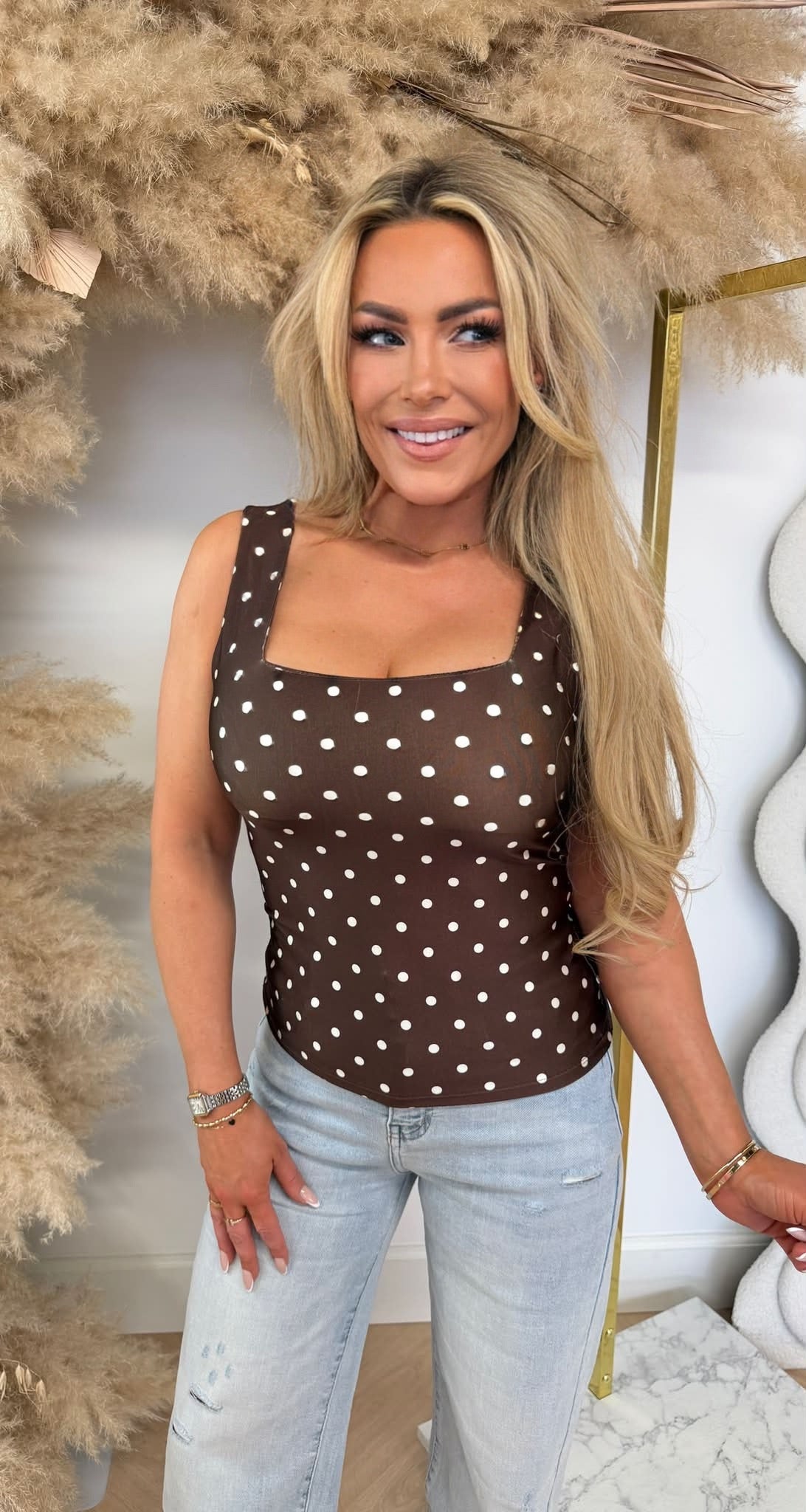 SATIN LOOK DOTS TOP CHOCO