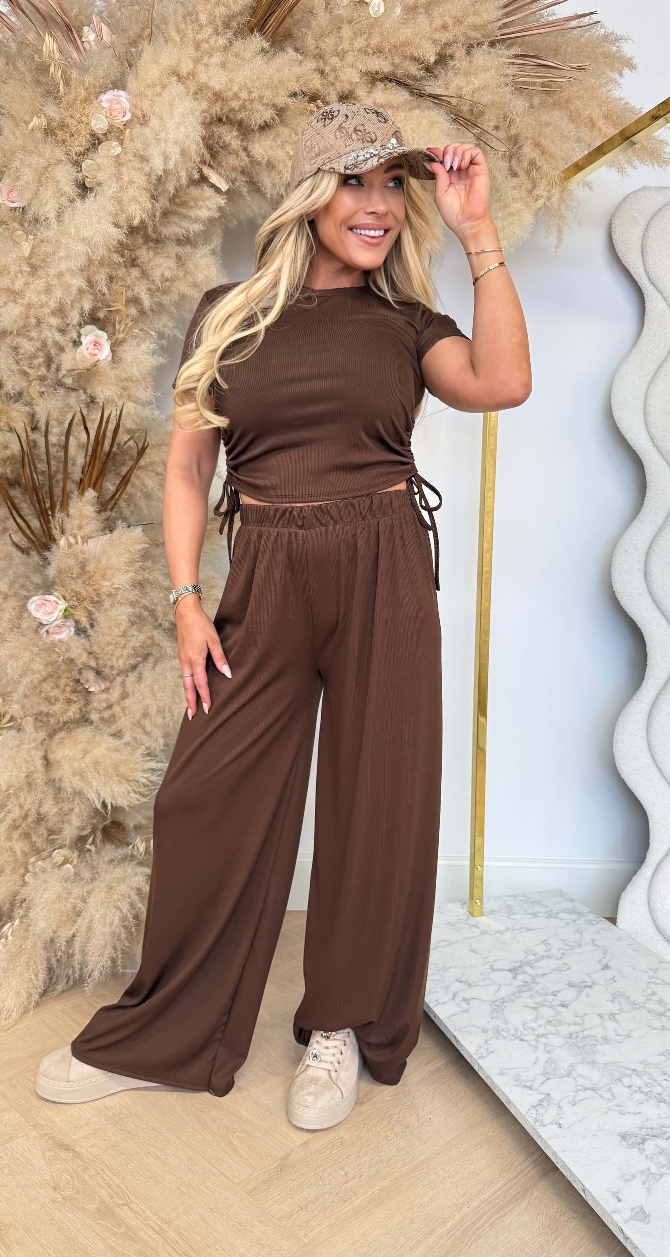 CROPPED RIBBED SET CHOCO