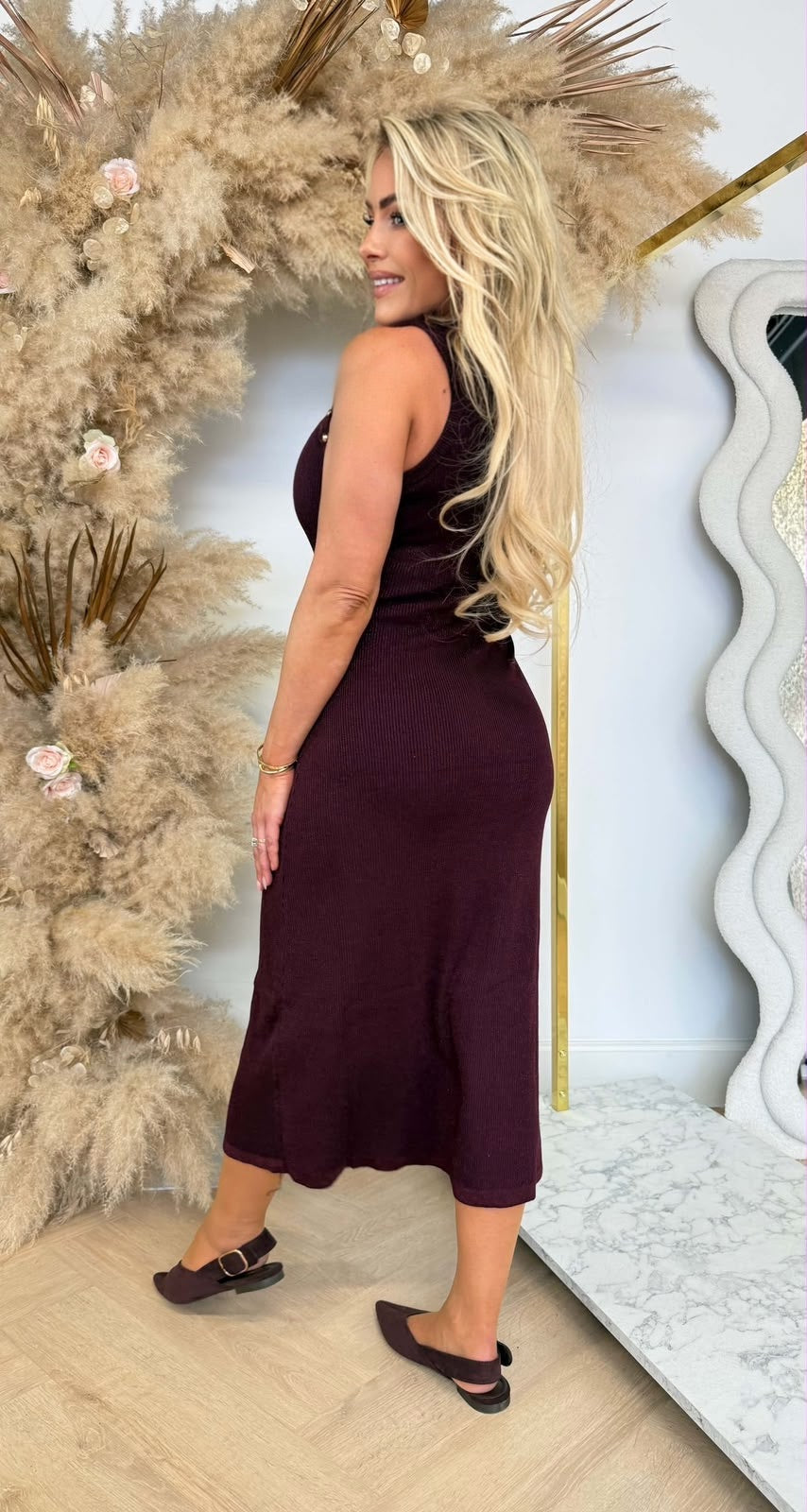 BUTTON SPARKLE STRETCH LONG DRESS 2938 BORDEAUX