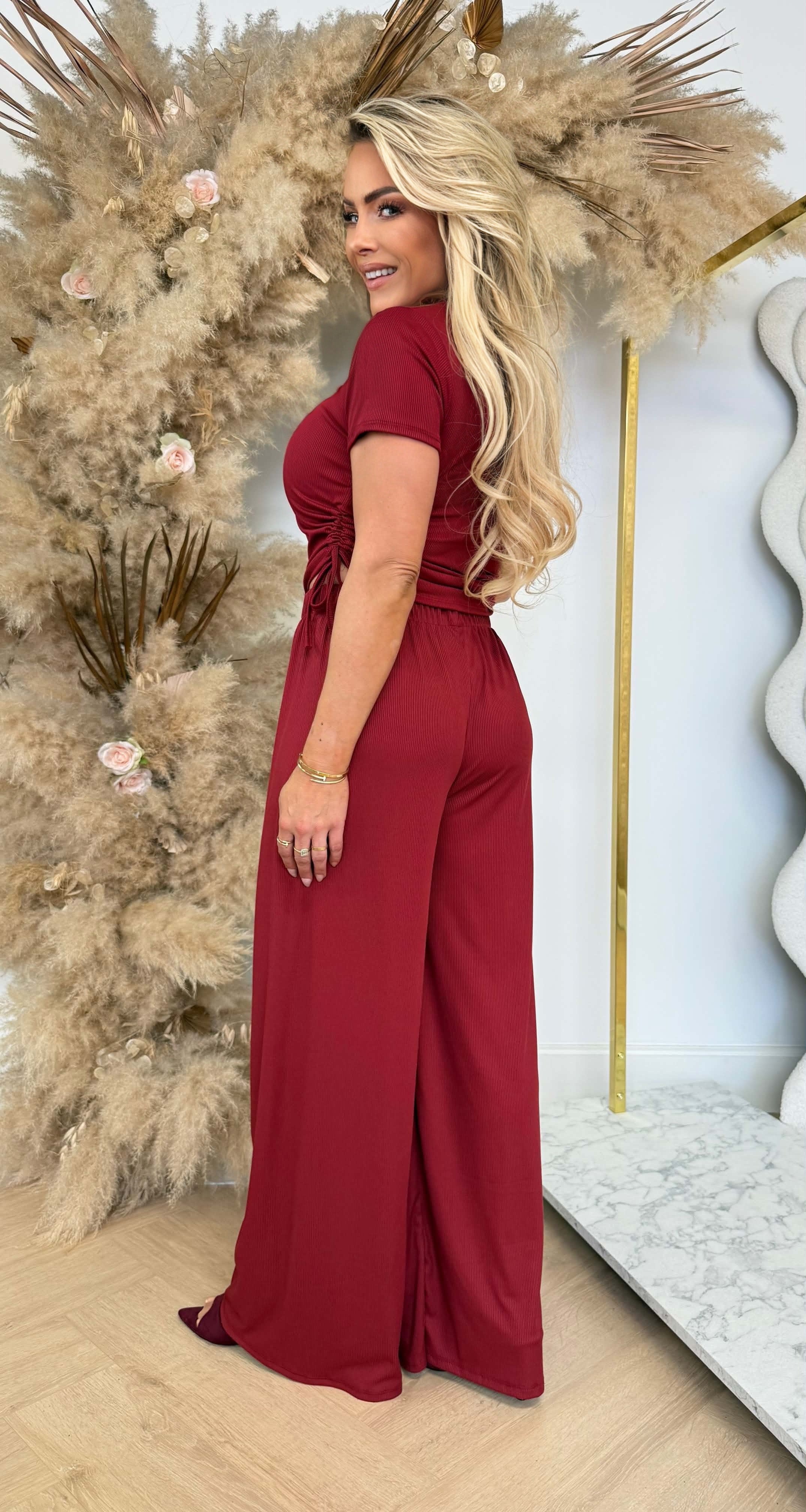 CROPPED RIBBED SET BORDEAUX