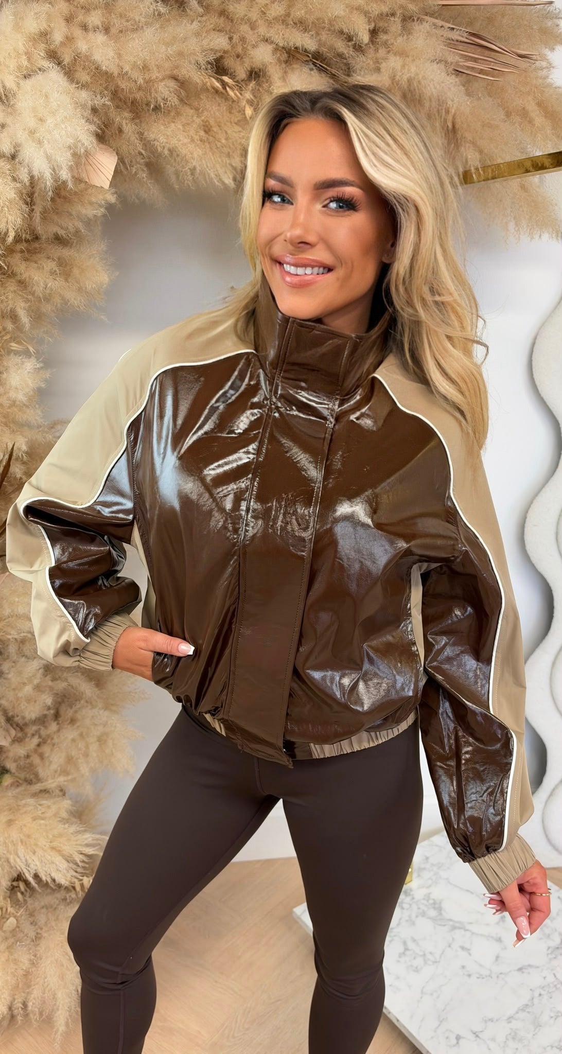 MIXED LEATHER LOOK JACKET 695620 COFFEE