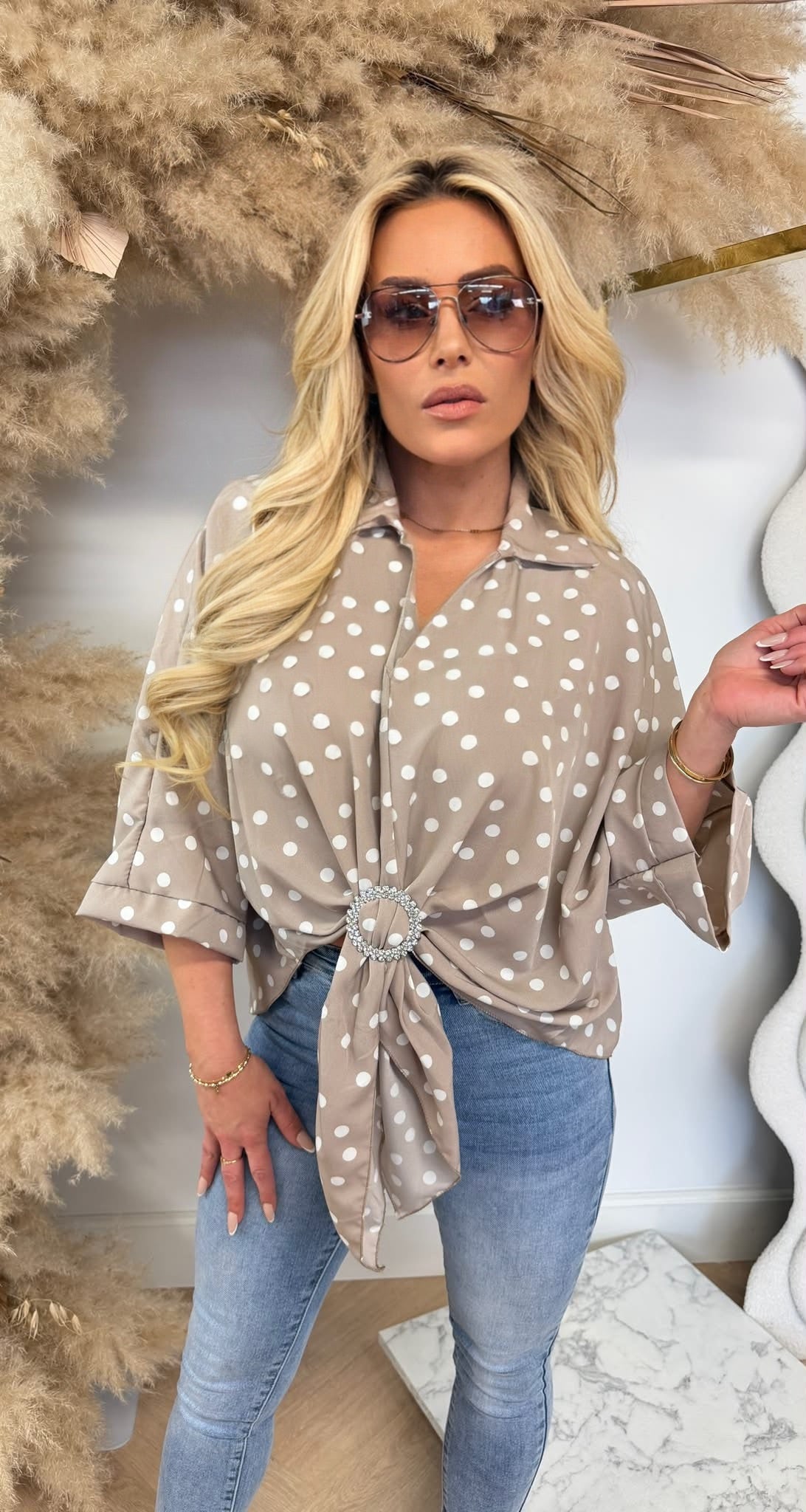 KNOT DETAIL DOTS BLUSE BLAU