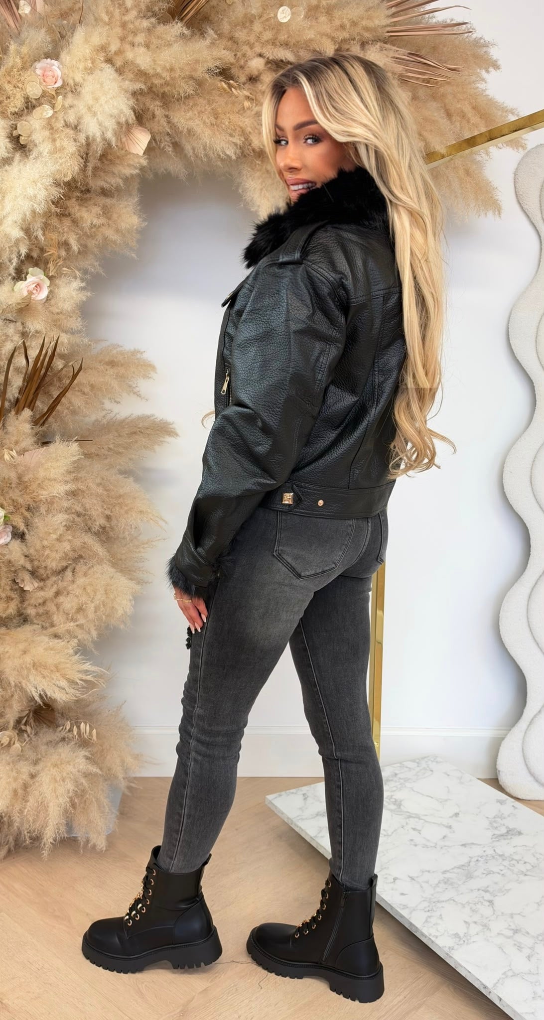 FENNA FUR BIKER JACKET 202342 BLACK