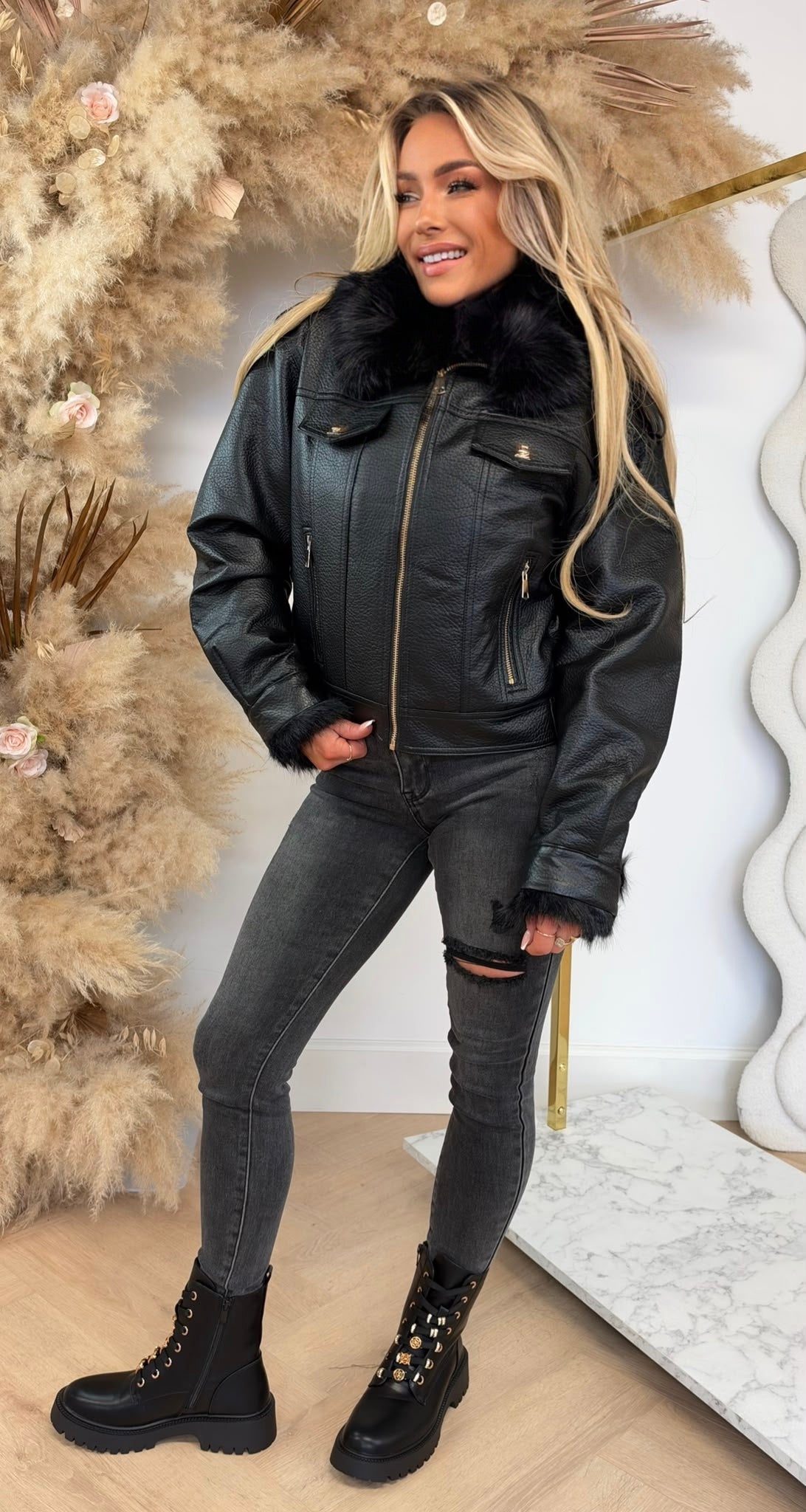 FENNA FUR BIKER JACKET 202342 BLACK