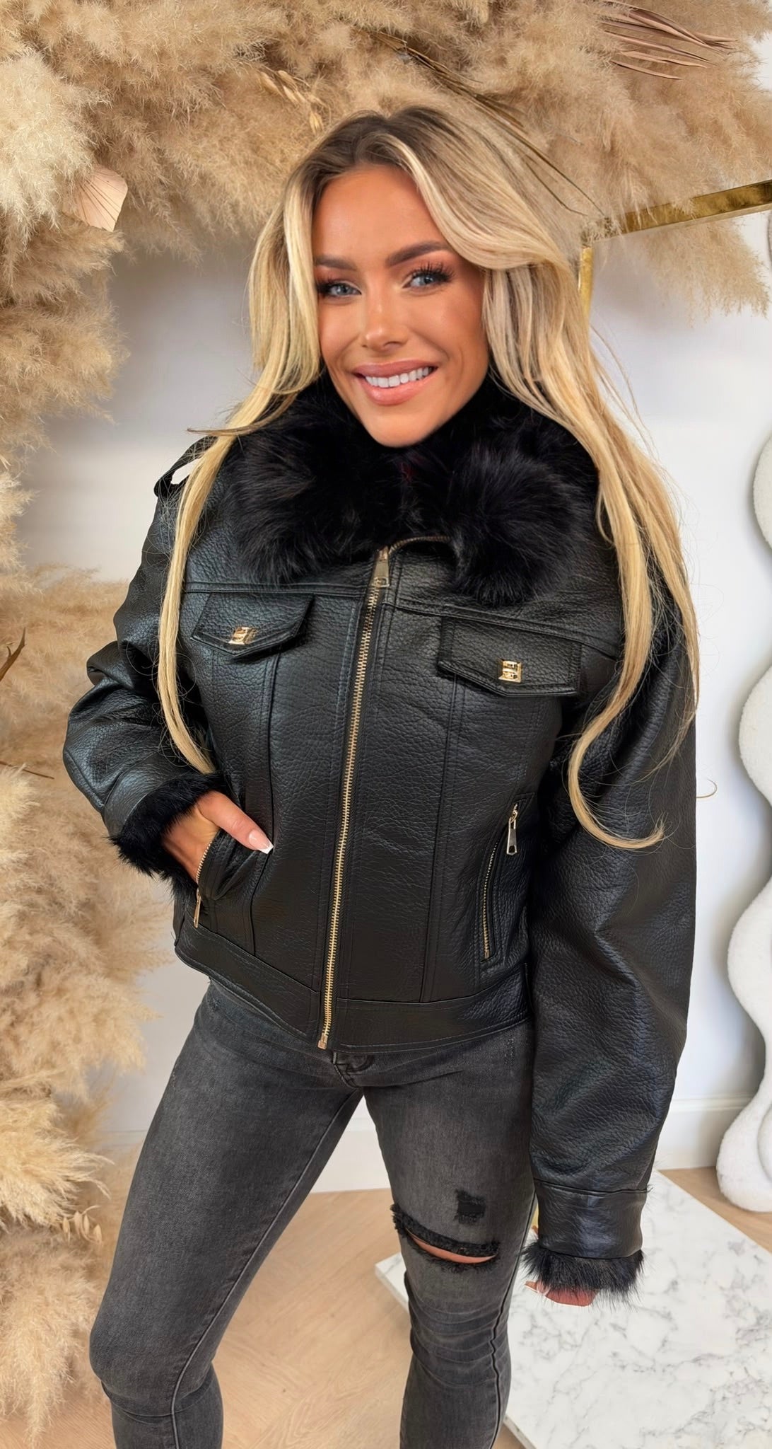 FENNA FUR BIKER JACKET 202342 BLACK