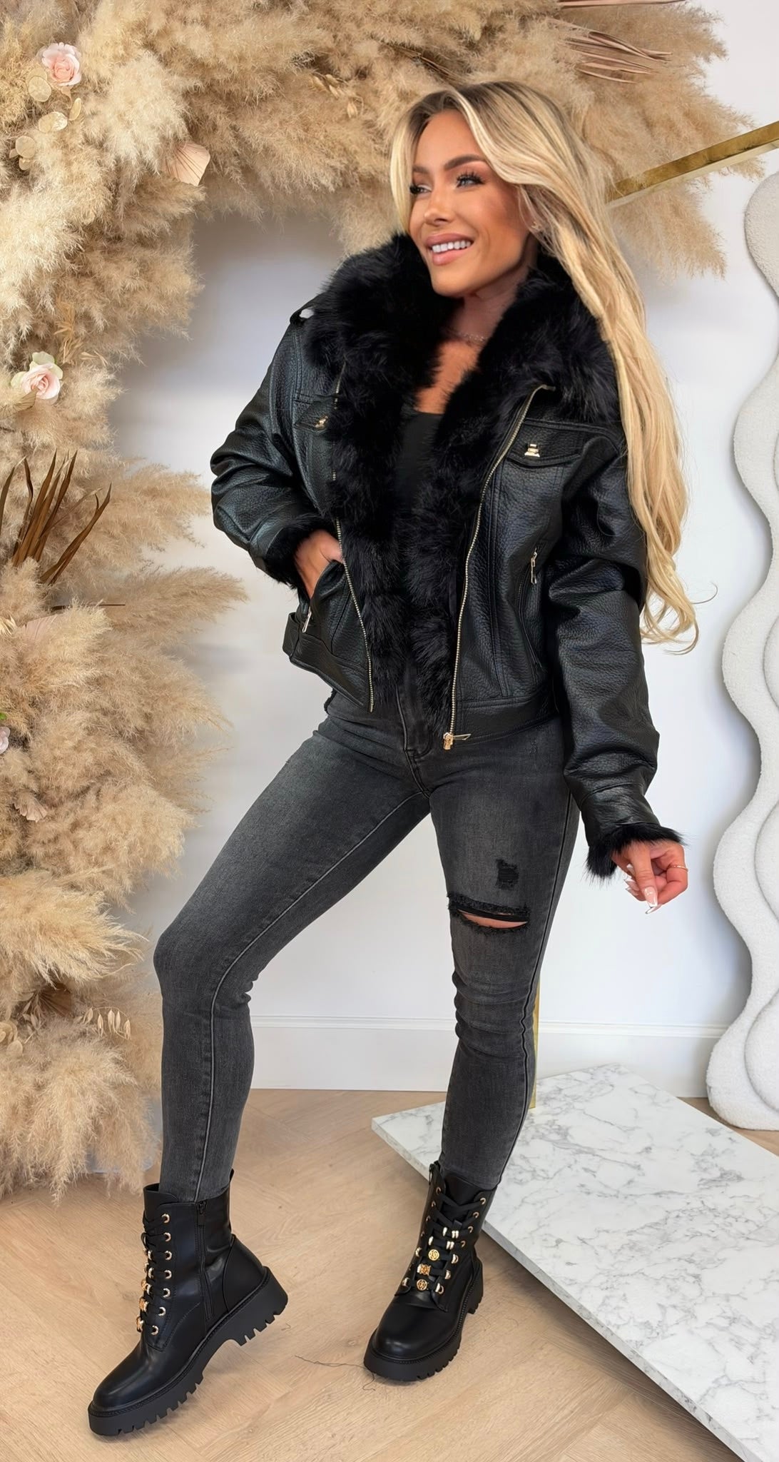 FENNA FUR BIKER JACKET 202342 BLACK
