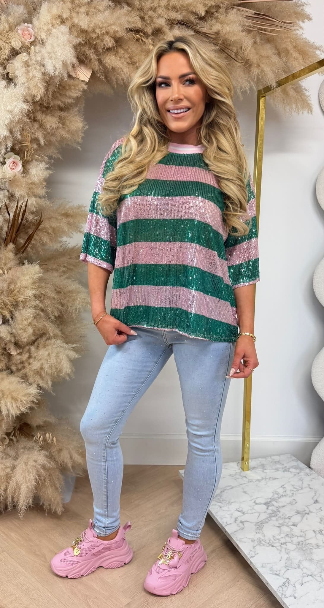 GLITTER STRIPE TEE GREEN/PINK