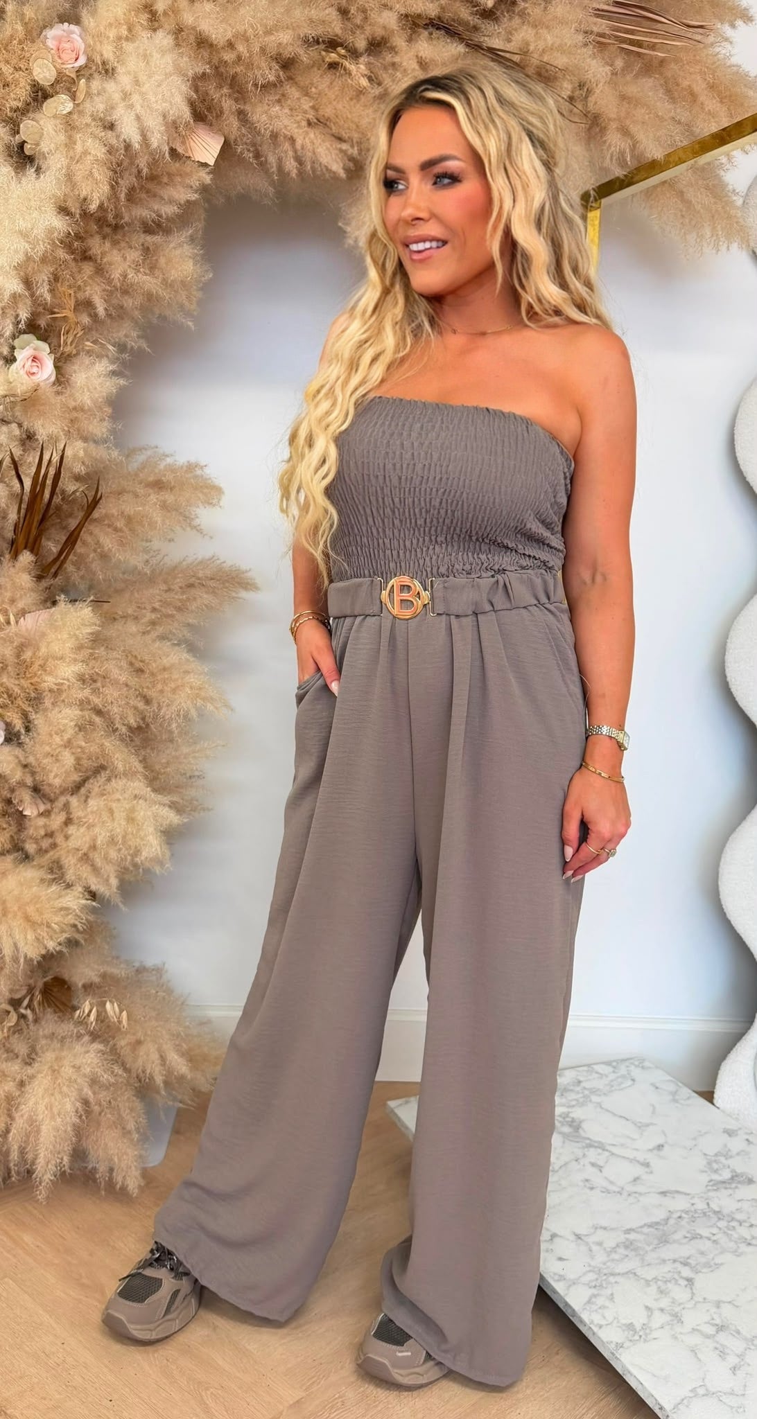 SANDY BELT STRAPLESS JUMPSUIT TAUPE