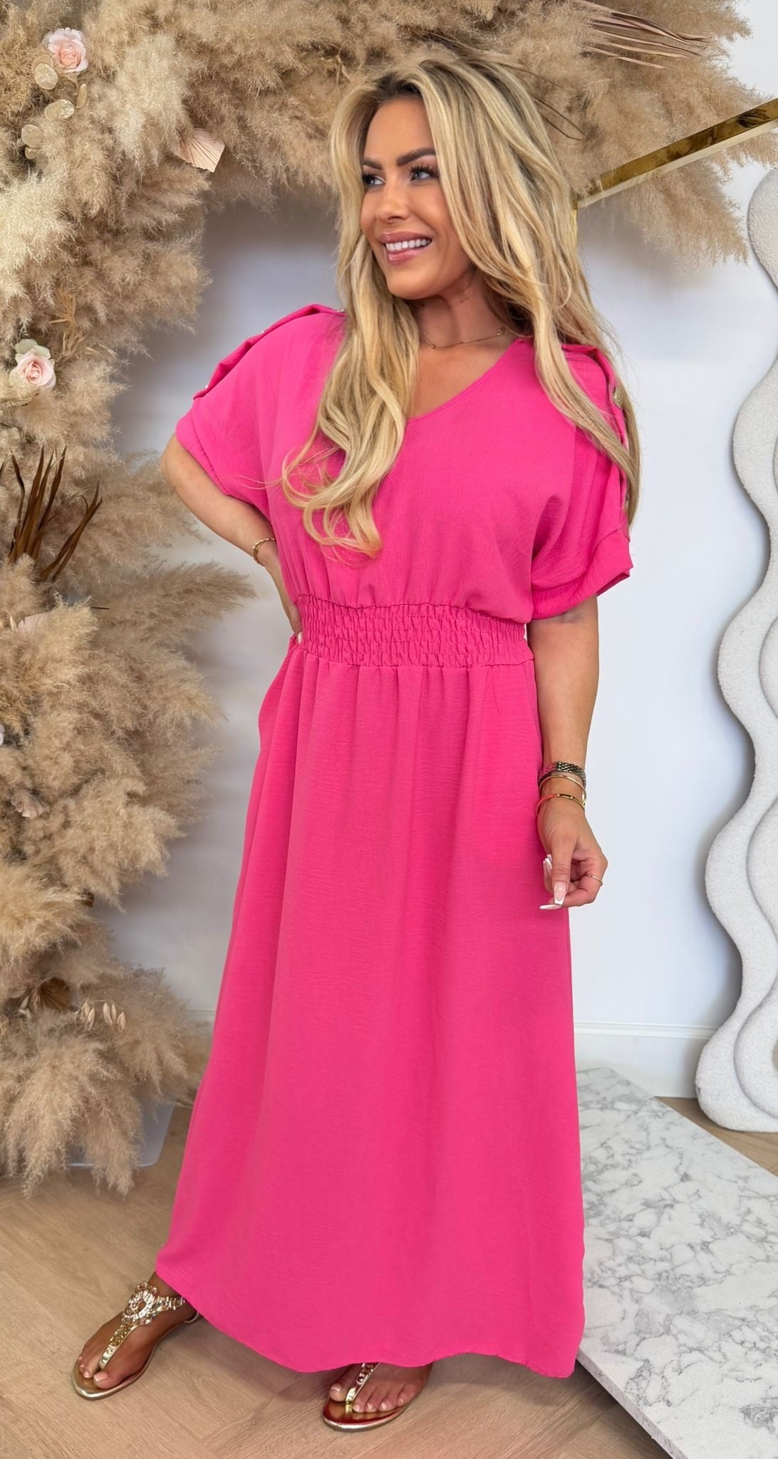 BUTTON POCKET DRESS FUCHSIA