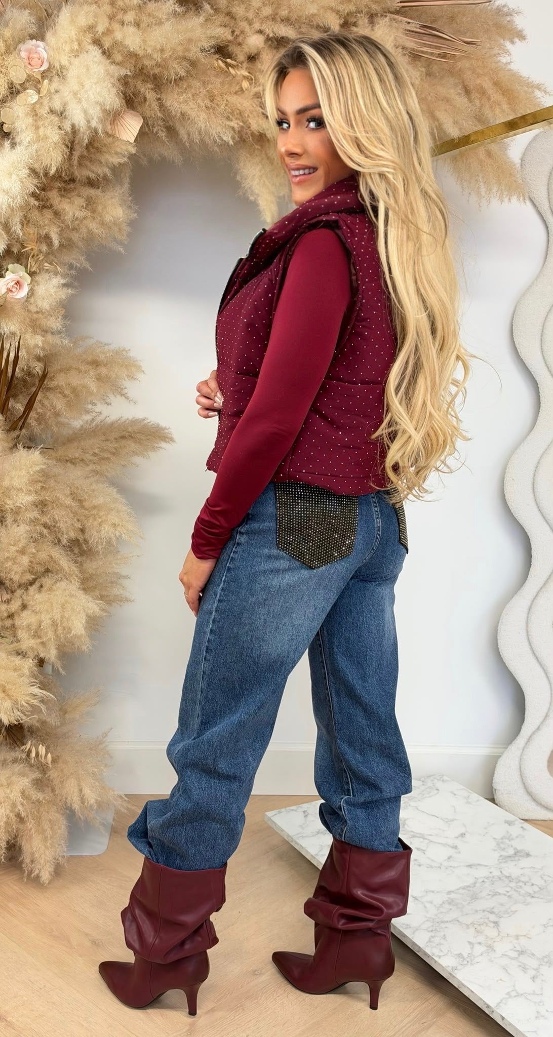 PUFFER GLITTER BODYWARMER BORDEAUX