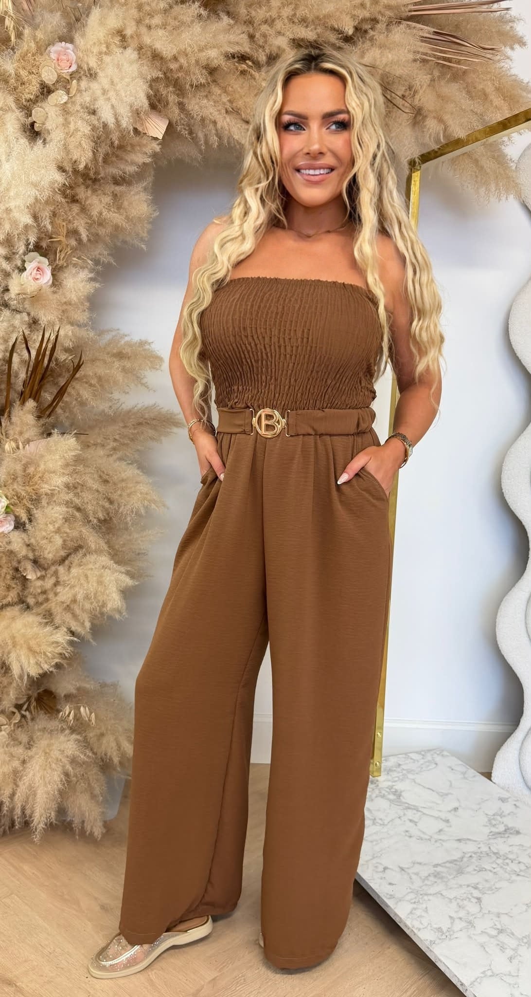 SANDY BELT STRAPLESS JUMPSUIT CAMEL