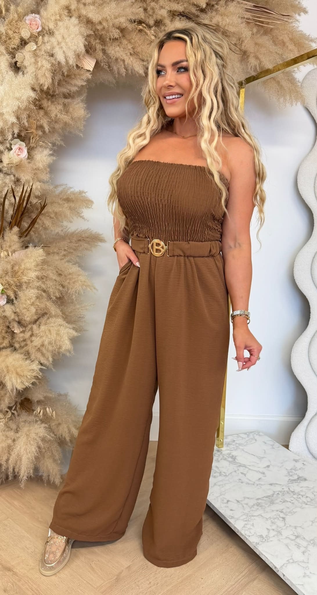 SANDY BELT STRAPLESS JUMPSUIT CAMEL