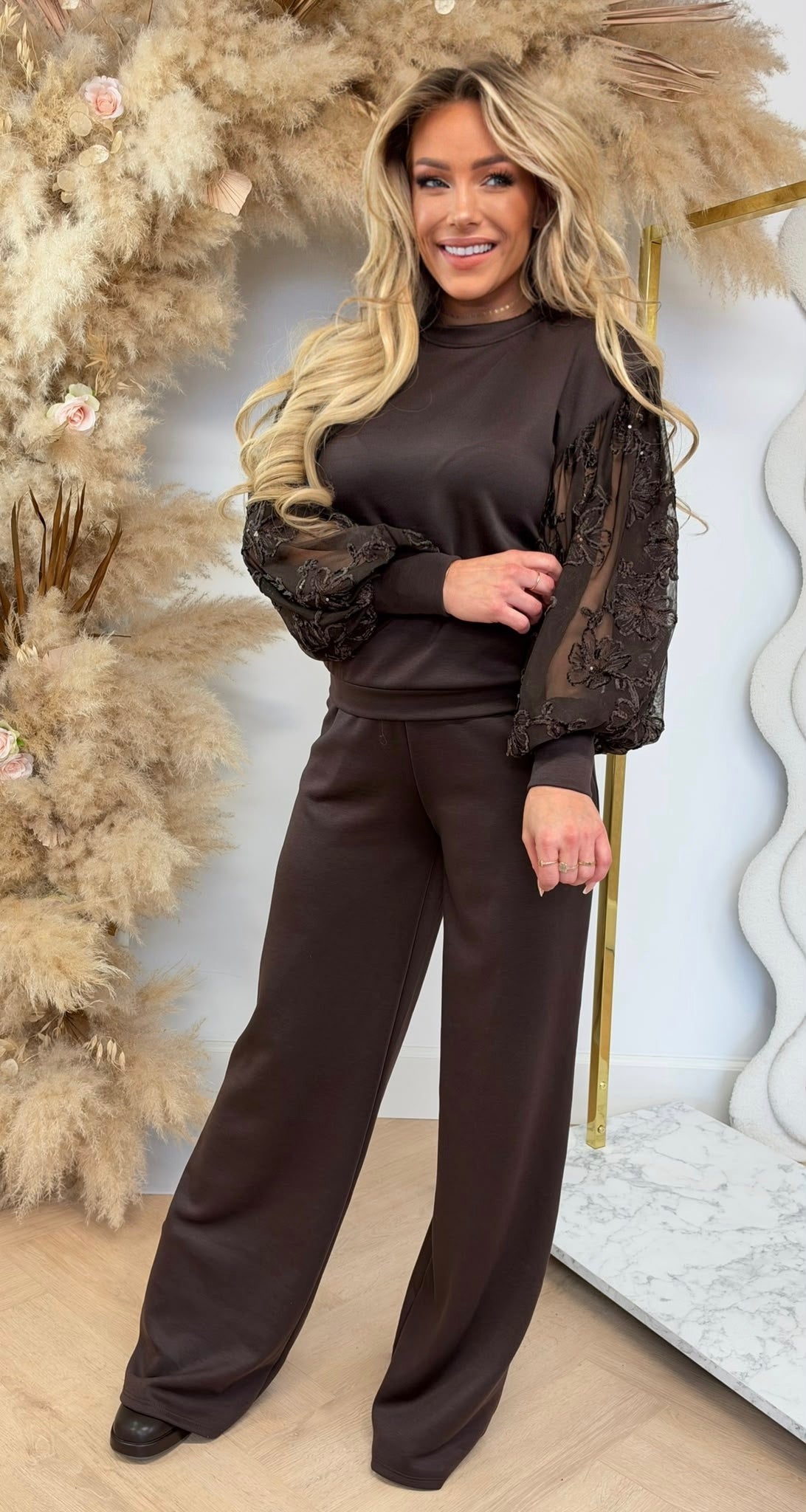 SEQUIN FLOWER SLEEVE SET CHOCO
