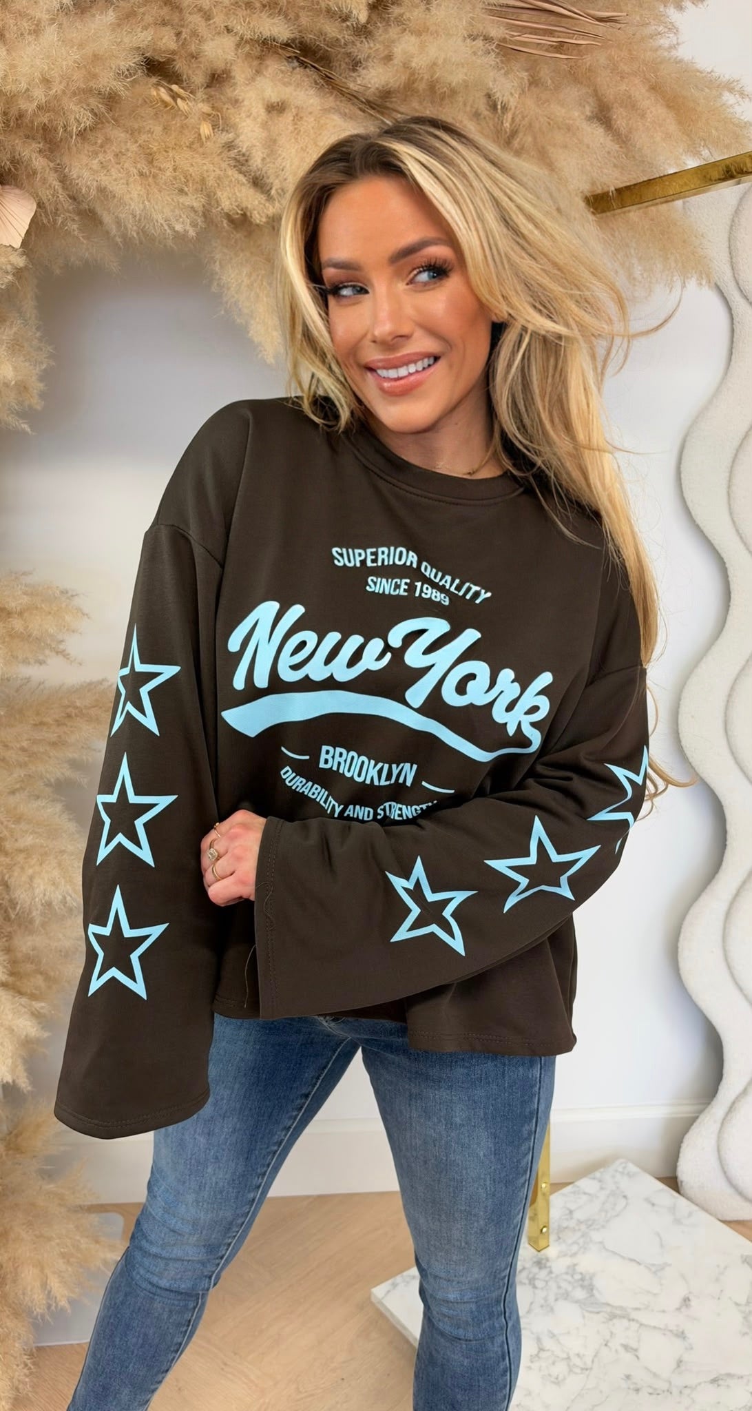 NEW YORK STAR SLEEVES OVERSIZED SHIRT CHOCO