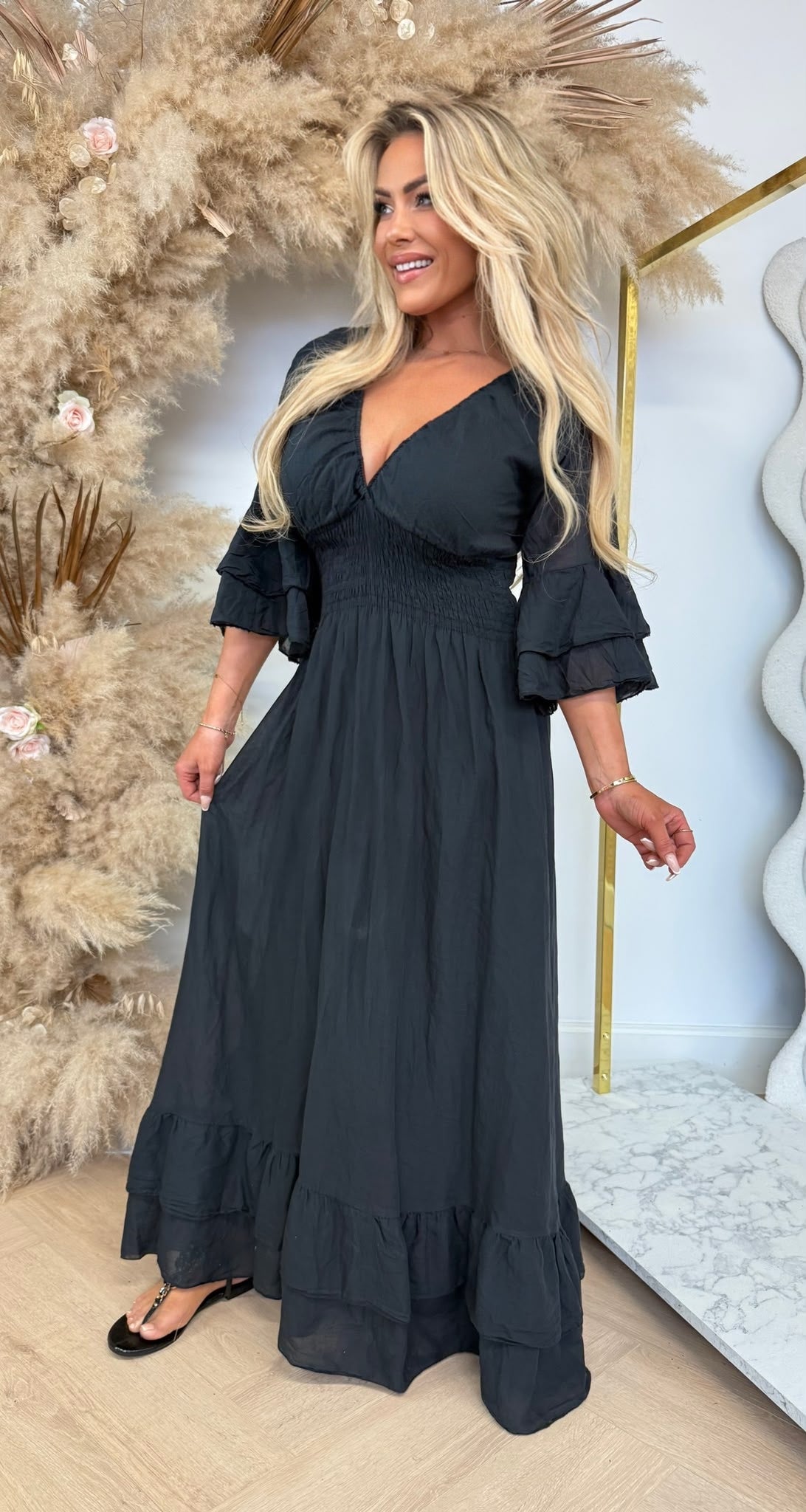 BELLA COTTON ROUCHE DRESS BLACK