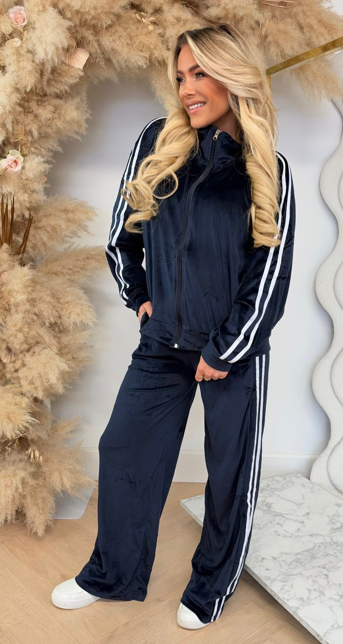 STRAIGHT LEG STRIPE VELVET SET 1021 NAVY