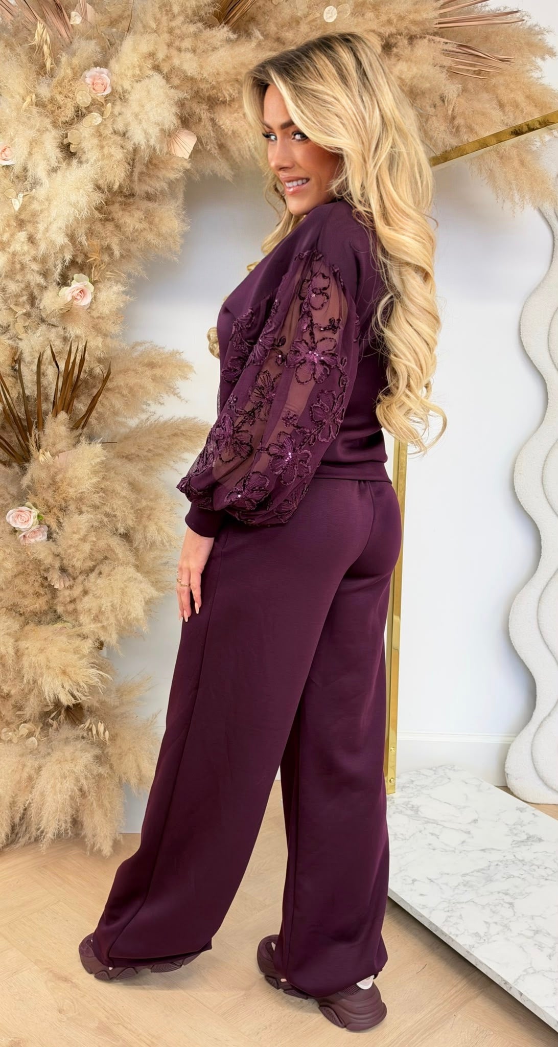 SEQUIN FLOWER SLEEVE SET PLUM