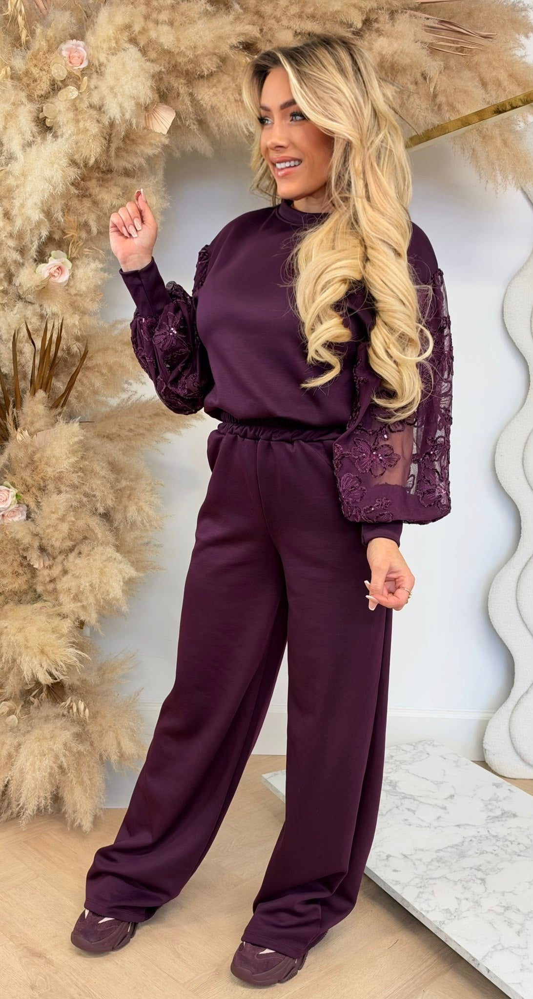 SEQUIN FLOWER SLEEVE SET PLUM