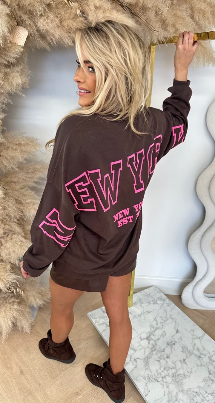 NEW YORK NEON TEKST SWEAT 5803 CHOCO