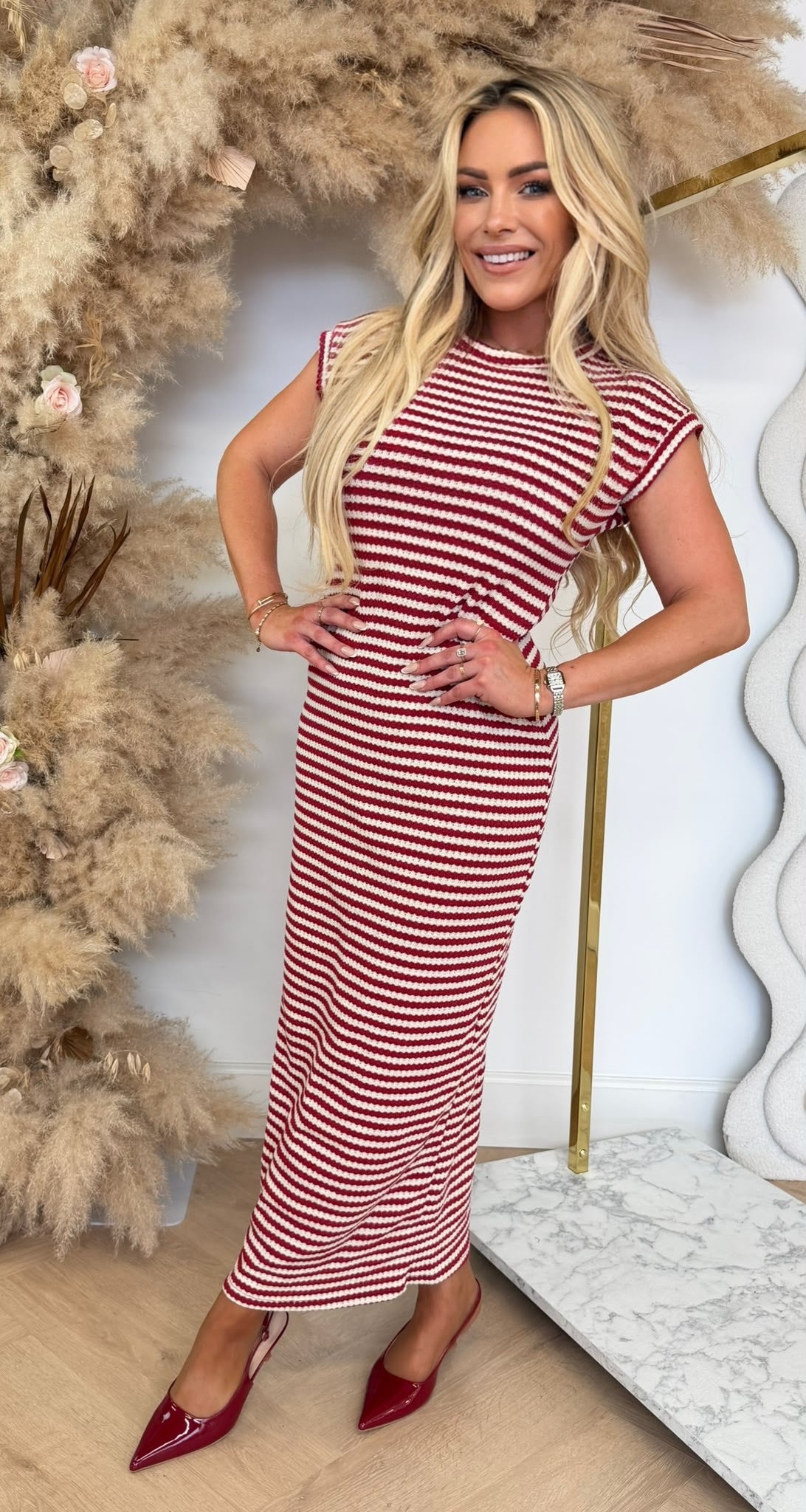 KNITTED STRIPE DRESS REDWINE