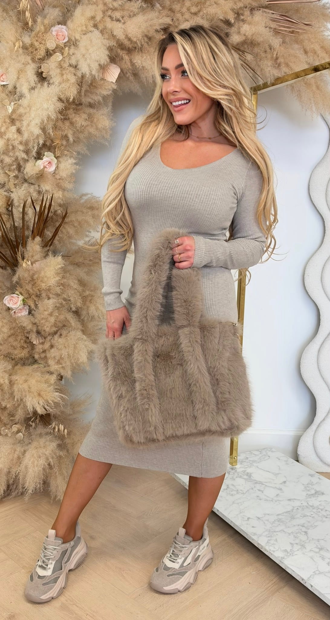 DOUBLE V NECK RIB DRESS 8743 TAUPE