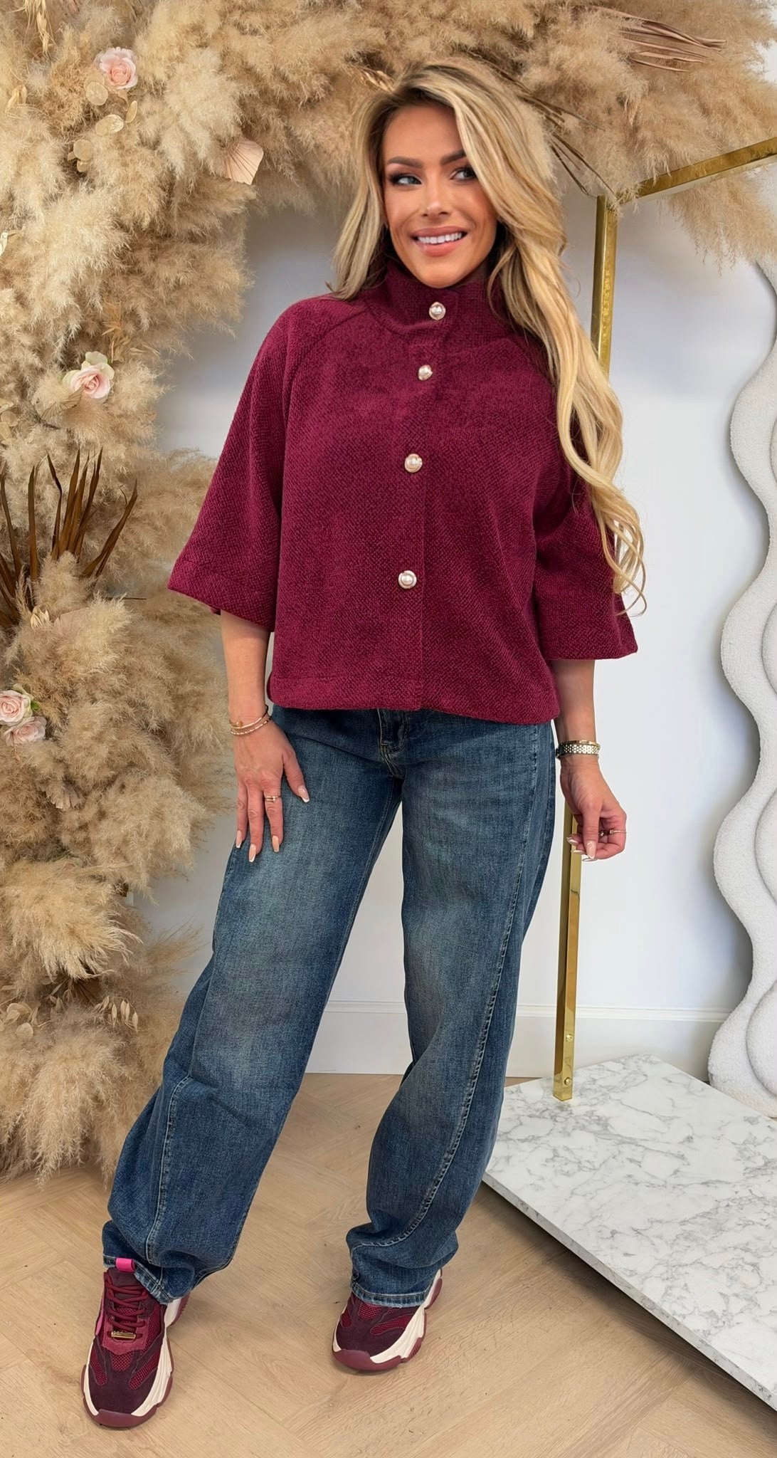 PEARLY BUTTON SOFT VESTJE WINERED