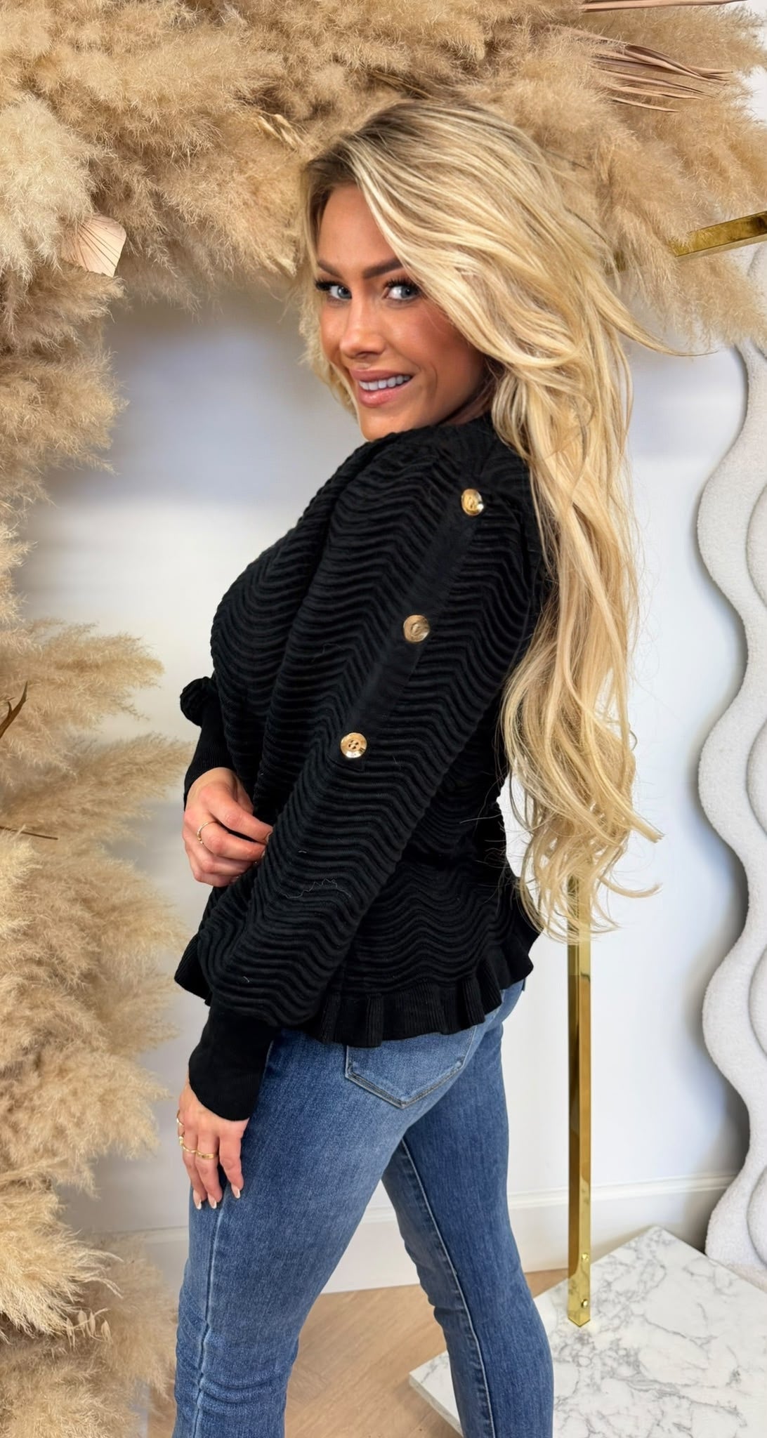 WAVE RIBBEL BUTTON SWEAT 16169 BLACK