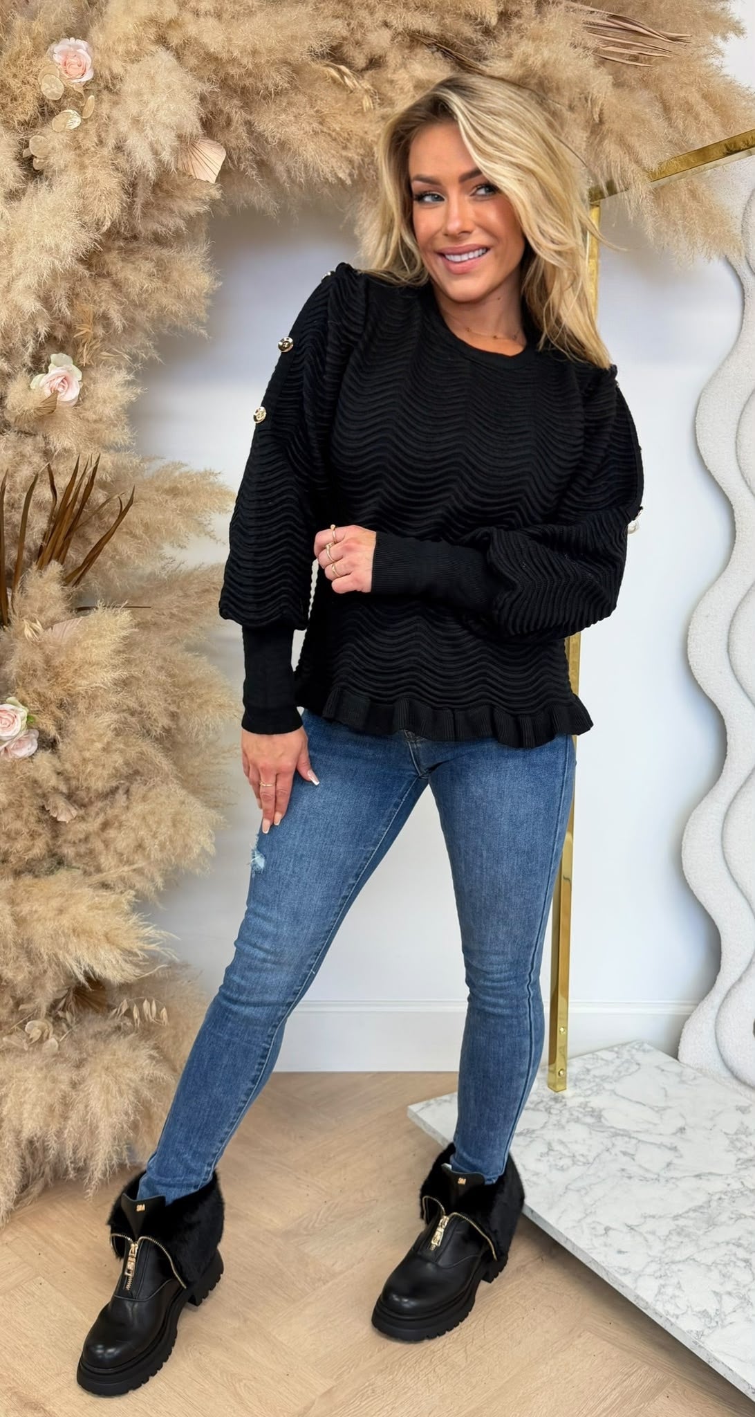 WAVE RIBBEL BUTTON SWEAT 16169 BLACK