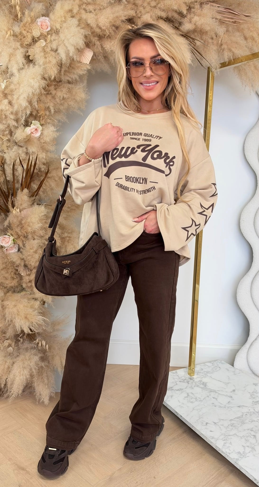 NEW YORK STAR SLEEVES OVERSIZED SHIRT BEIGE
