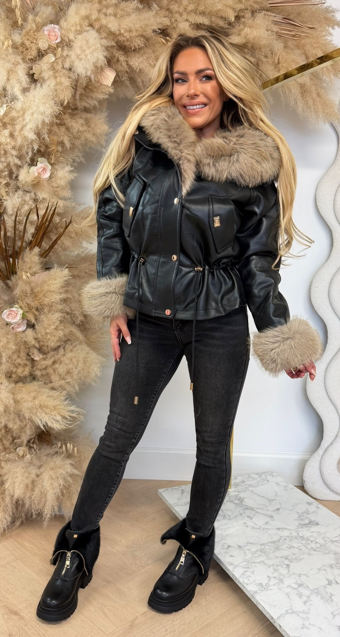 LEATHER LOOK TOUWTJE JACKET 6259 BLACK/BEIGE