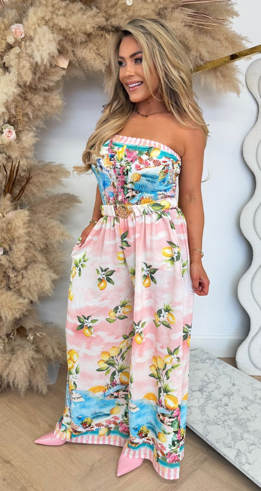 VACATION VIBES JUMPSUIT LEMON/PINK