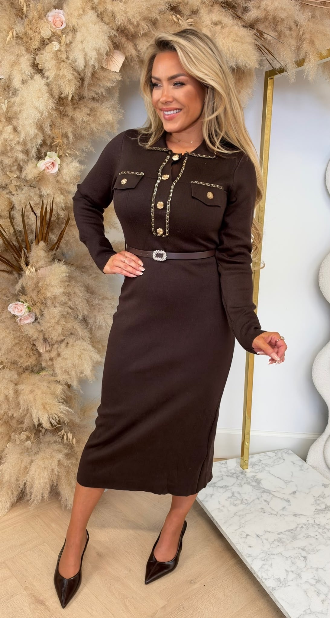 JULIA GOLDEN DETAIL LONG DRESS 6172 CHOCO