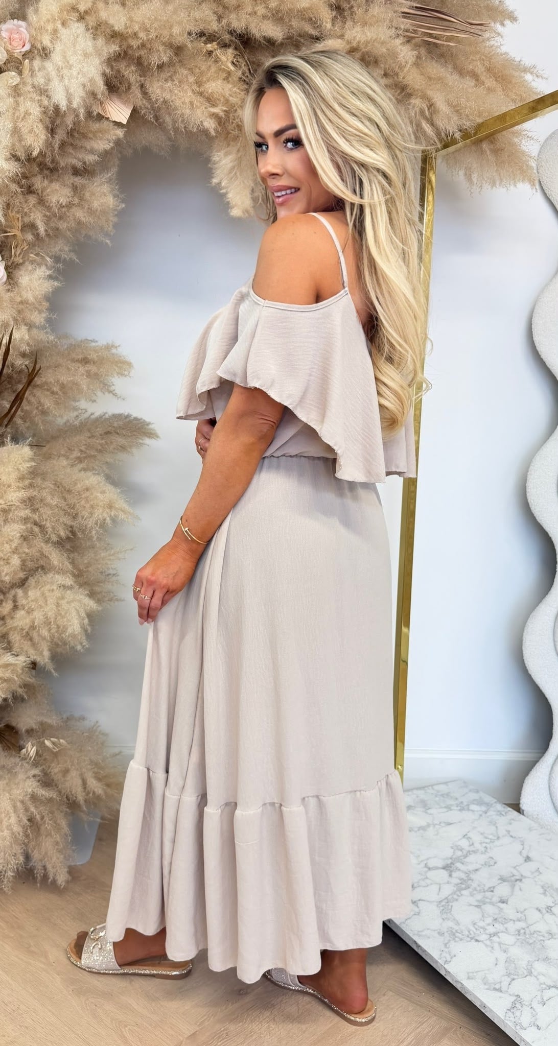 ARIA RUFFLE MAXI DRESS BEIGE