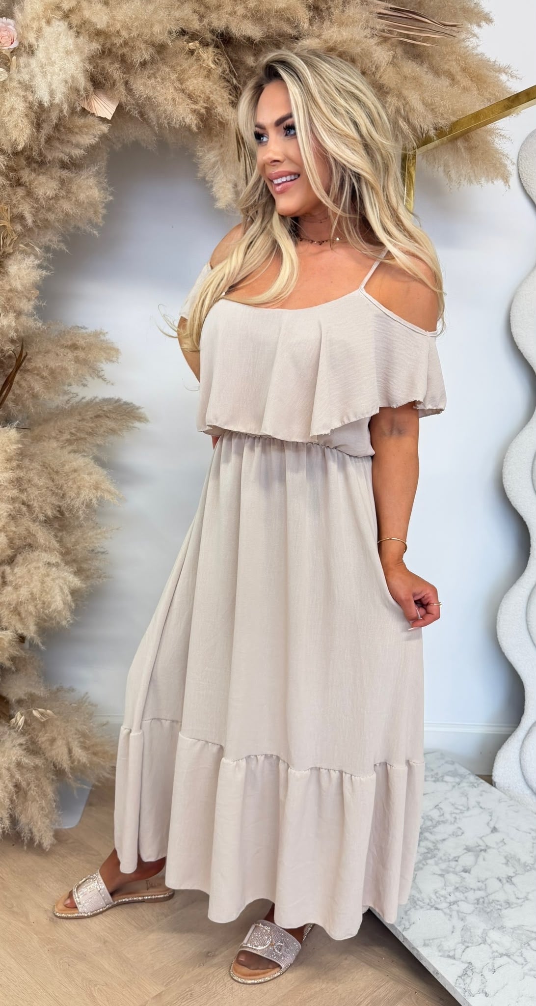 ARIA RUFFLE MAXI DRESS BEIGE