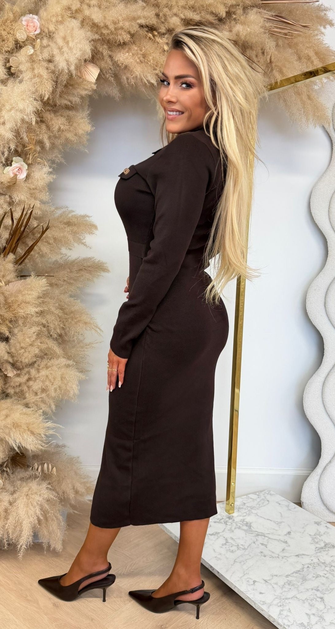 GOLDY DETAIL STRETCH DRESS 6096 CHOCO
