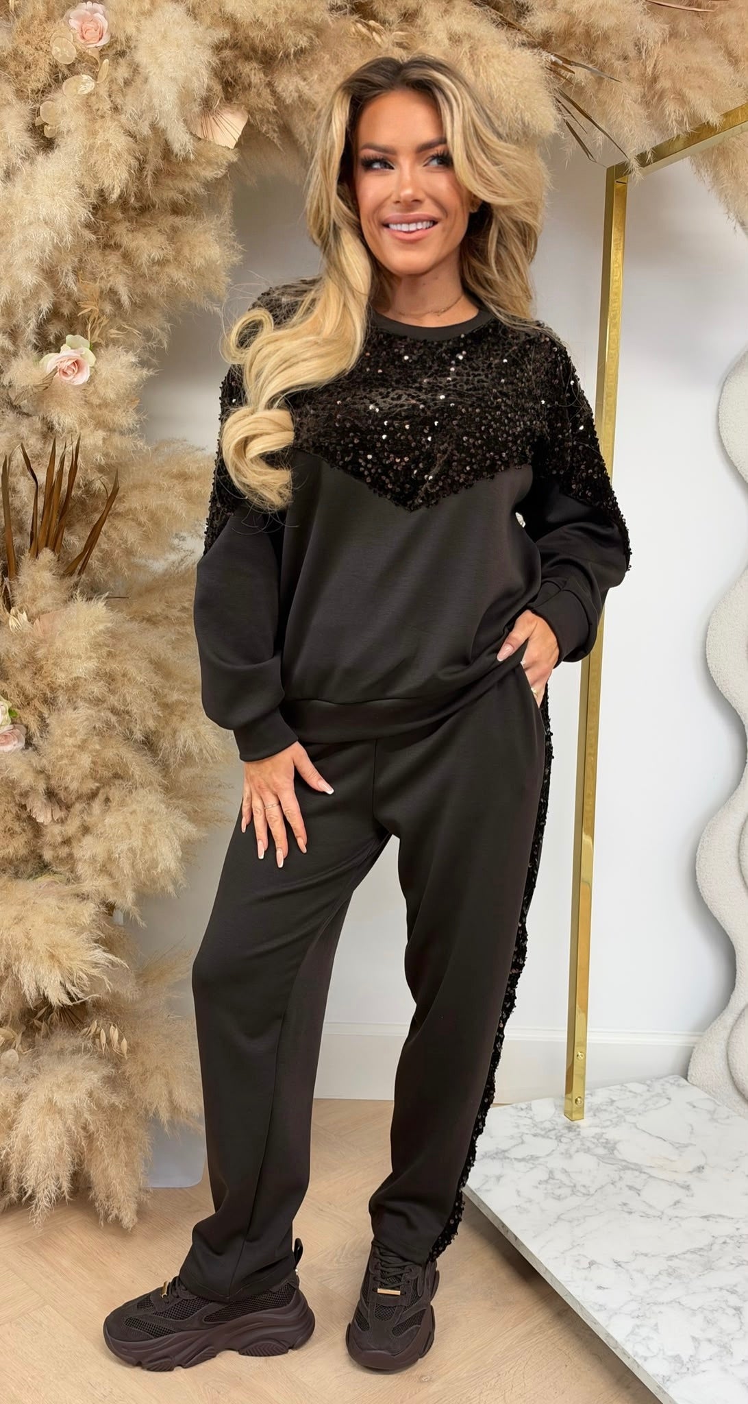 XELLY VELVET SEQUINS SET CHOCO