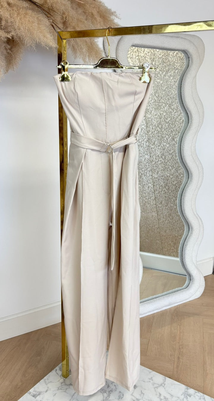 STRAPLESS BELT JUMPSUIT BEIGE