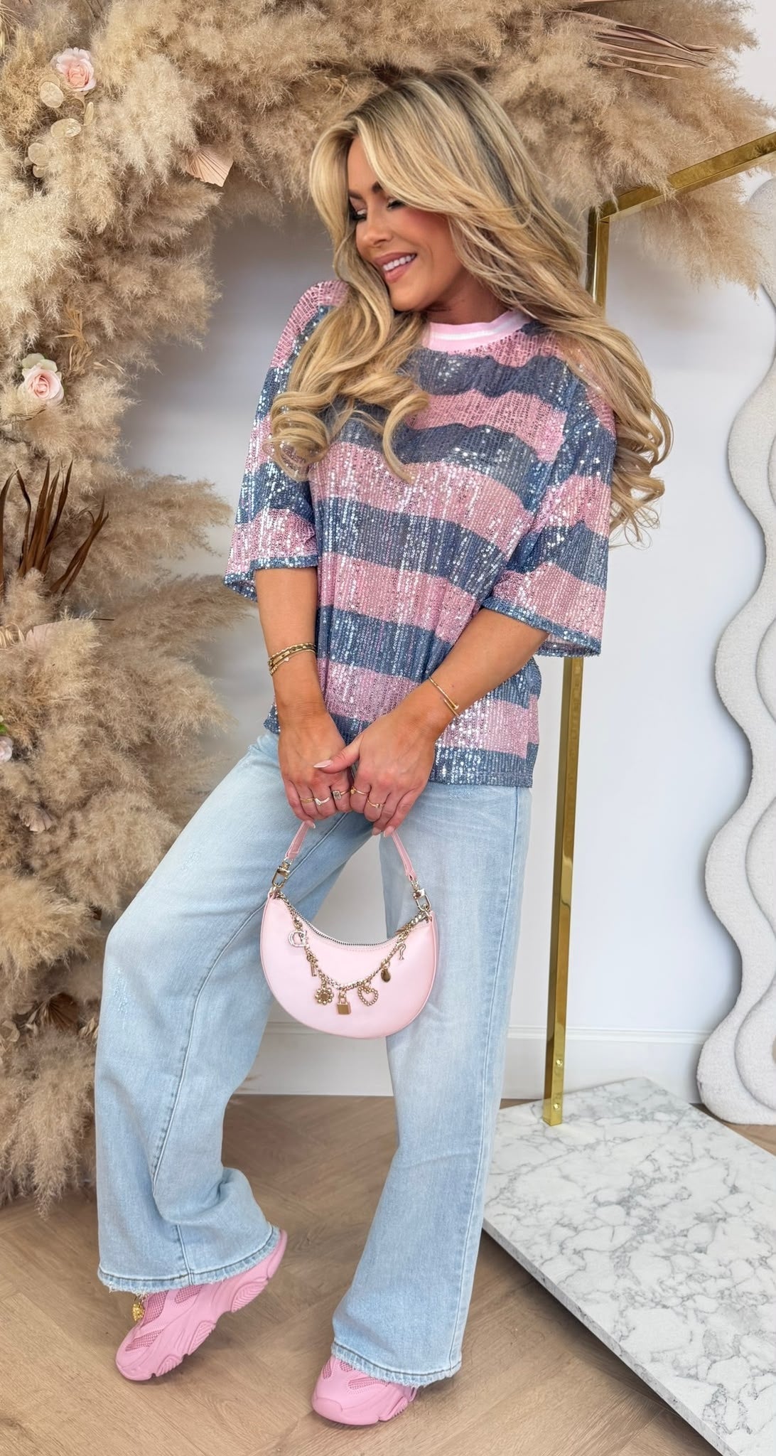 GLITTER STRIPE TEE BLUE/PINK