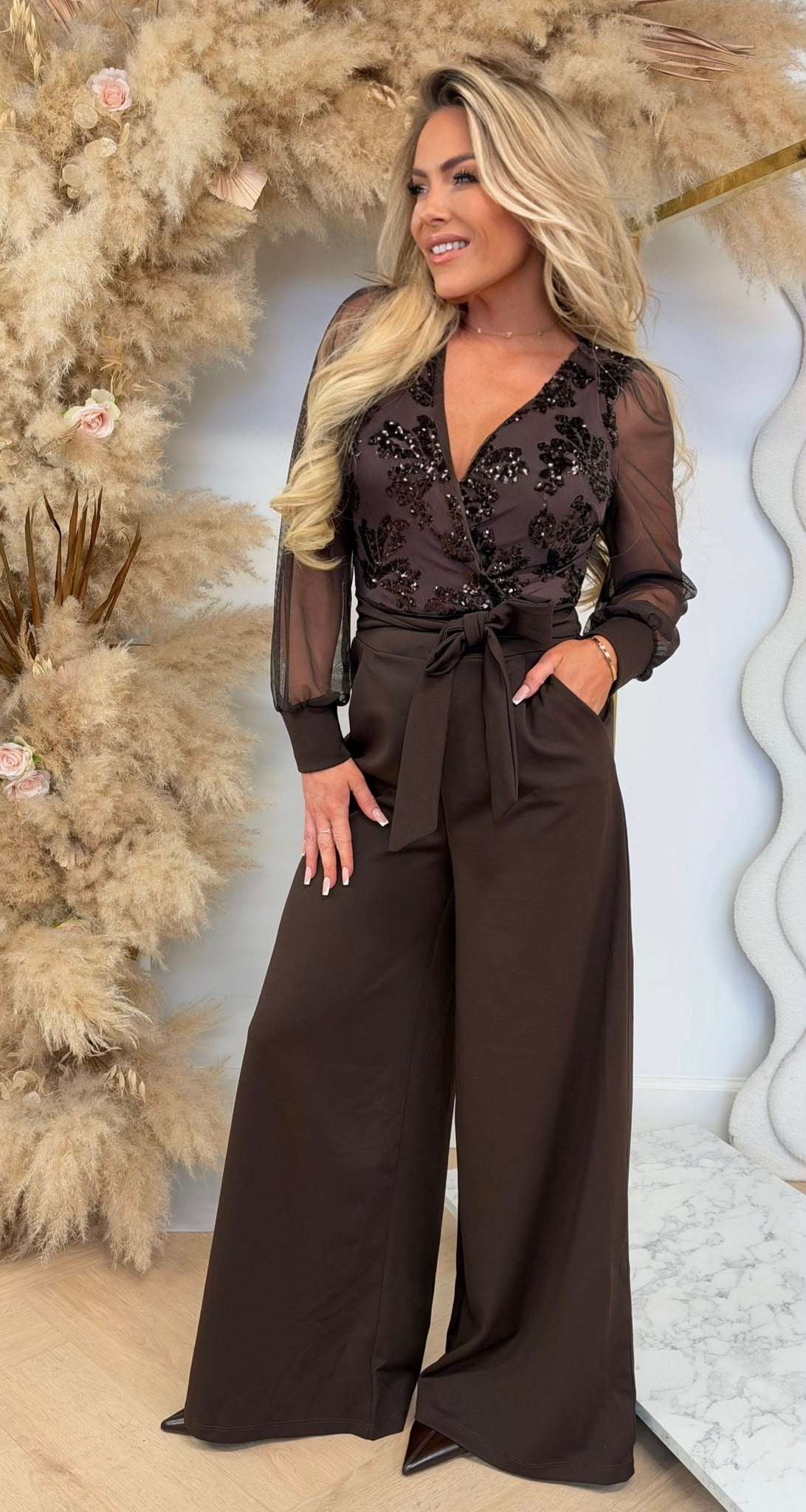 EMBER SEQUINS LEAF JUMPSUIT CHOCO
