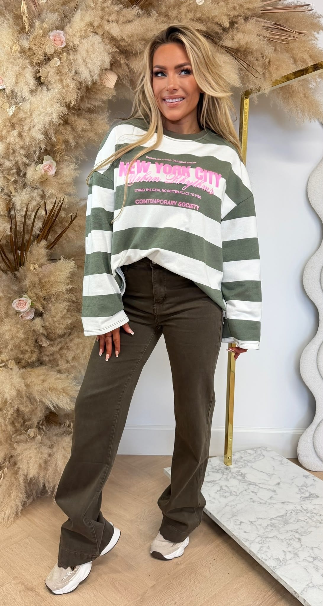 NYC LOOSE FIT STRIPE SWEAT OLIVE